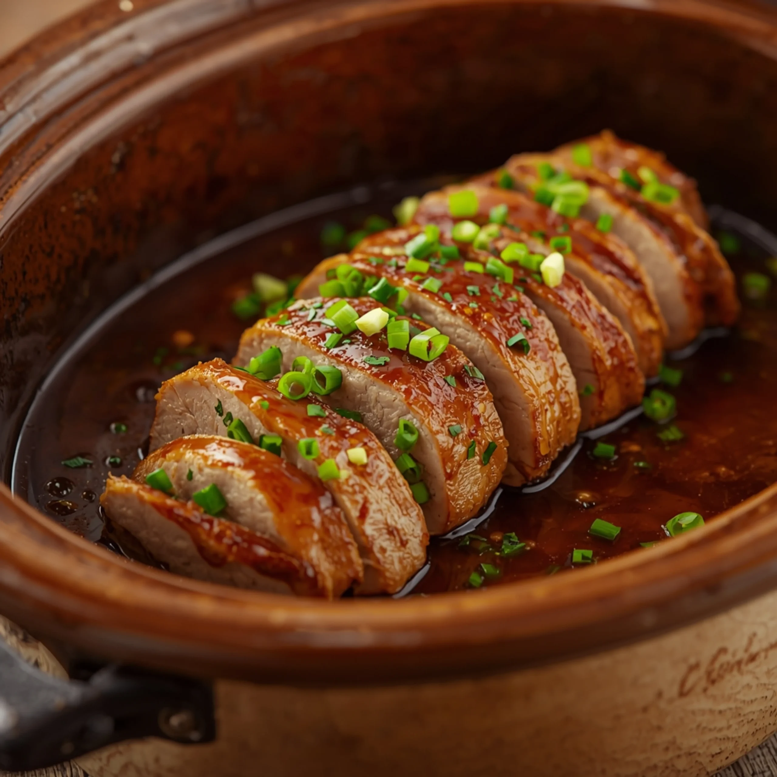 Close-up of Honey Garlic Pork Tenderloin cooked in a Crockpot with fresh herbs and glossy sauce