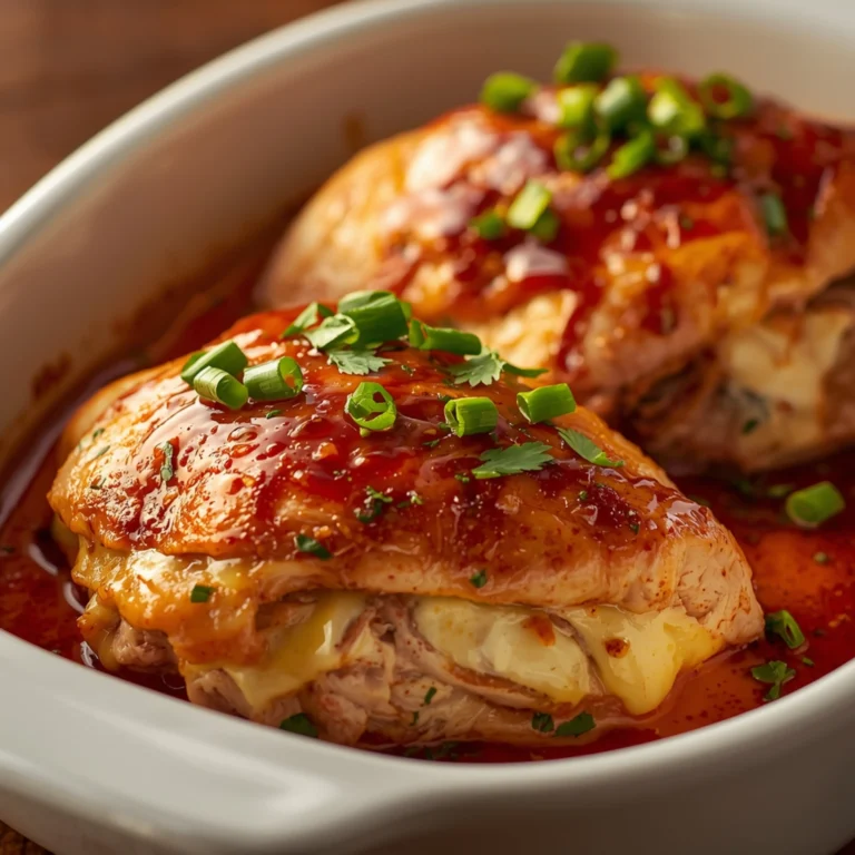 Close-up of Hot Honey & Goat Cheese Stuffed Chicken with fresh herbs and glossy sauce
