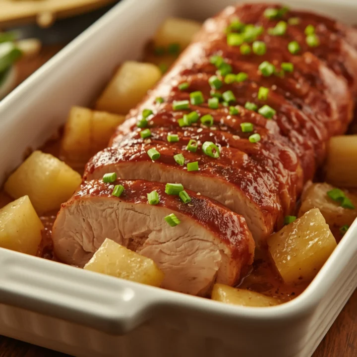 Close-up of Juicy Hawaiian Baked Pork Tenderloin cooked in a Crockpot with fresh green onions and glossy pineapple sauce