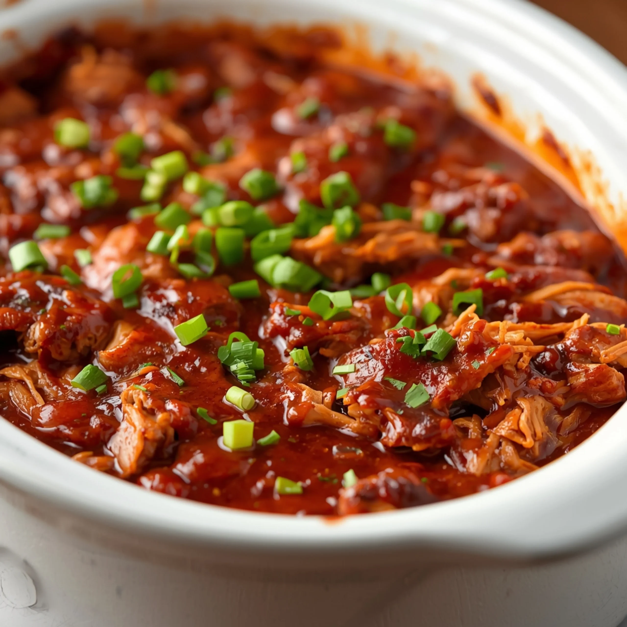 Close-up of Keto BBQ Chicken Casserole cooked in a Crockpot with fresh herbs and glossy sauce