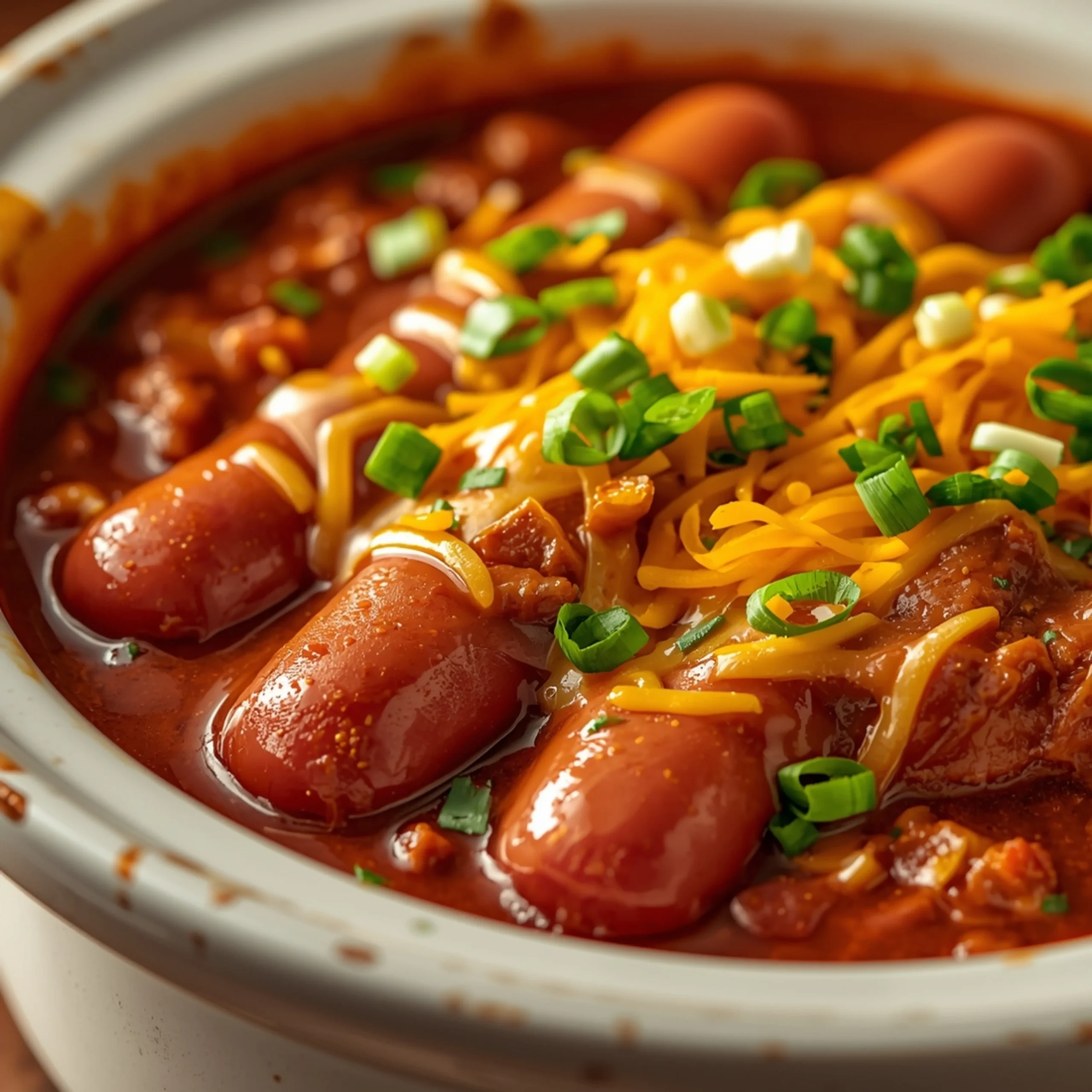 Close-up of Keto Chili Dog Casserole Recipe cooked in a Crockpot with fresh herbs and glossy sauce