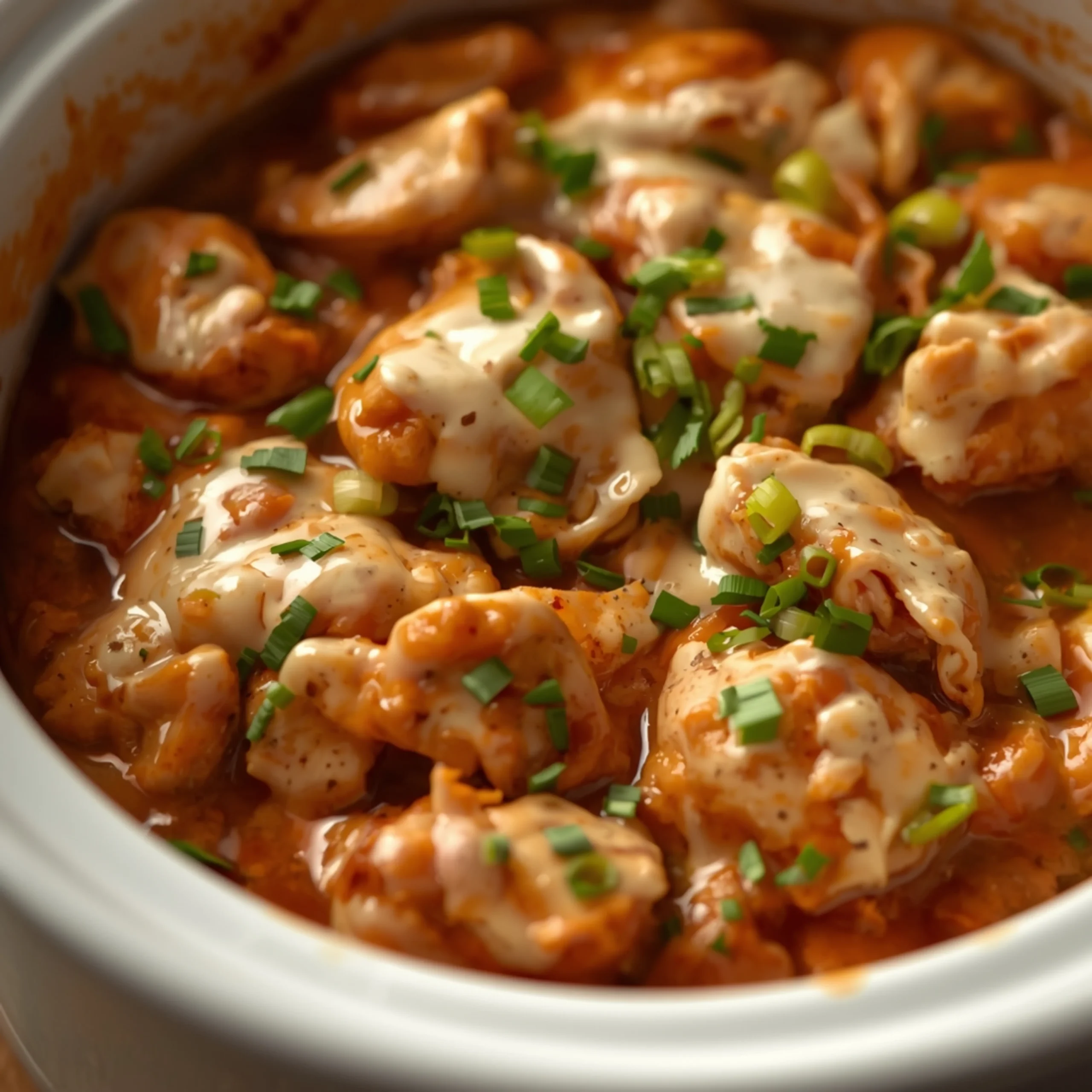 Close-up of Keto Crack Chicken in the Crock Pot cooked in a Crockpot with fresh herbs and glossy sauce