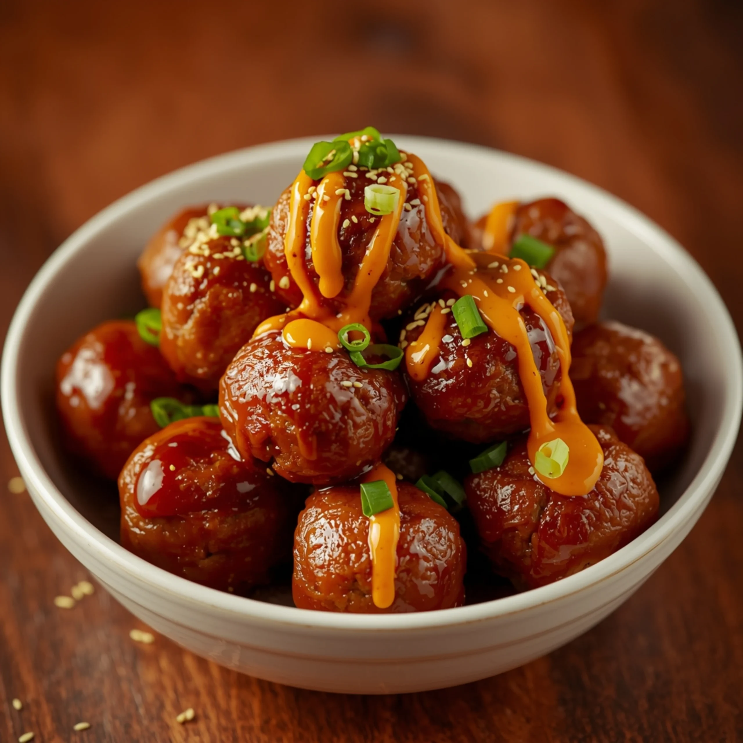 Close-up of glossy Korean BBQ Meatballs drenched in spicy mayo and garnished with fresh green onions in a rustic white bowl.