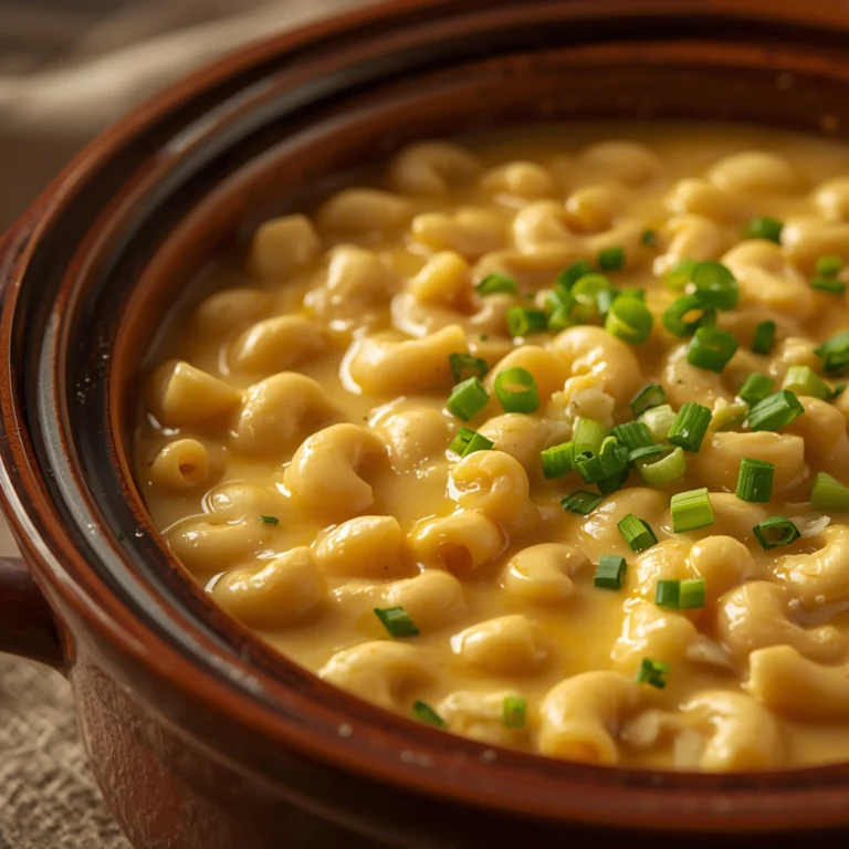 Close-up of Mac and Cheese Soup cooked in a Crockpot with fresh herbs and glossy sauce