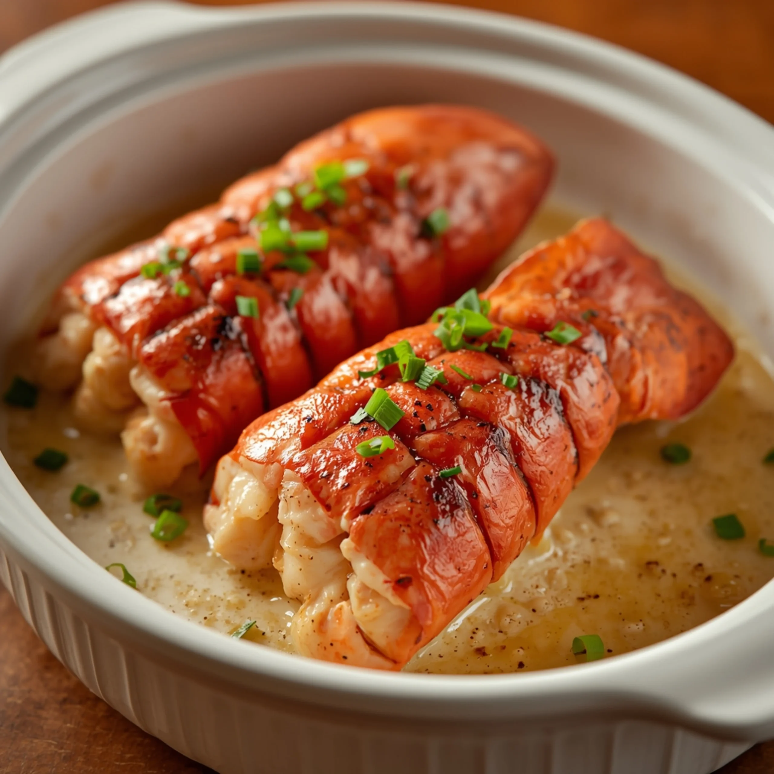 Close-up of Marry Me" Lobster Tails with fresh herbs and glossy sauce