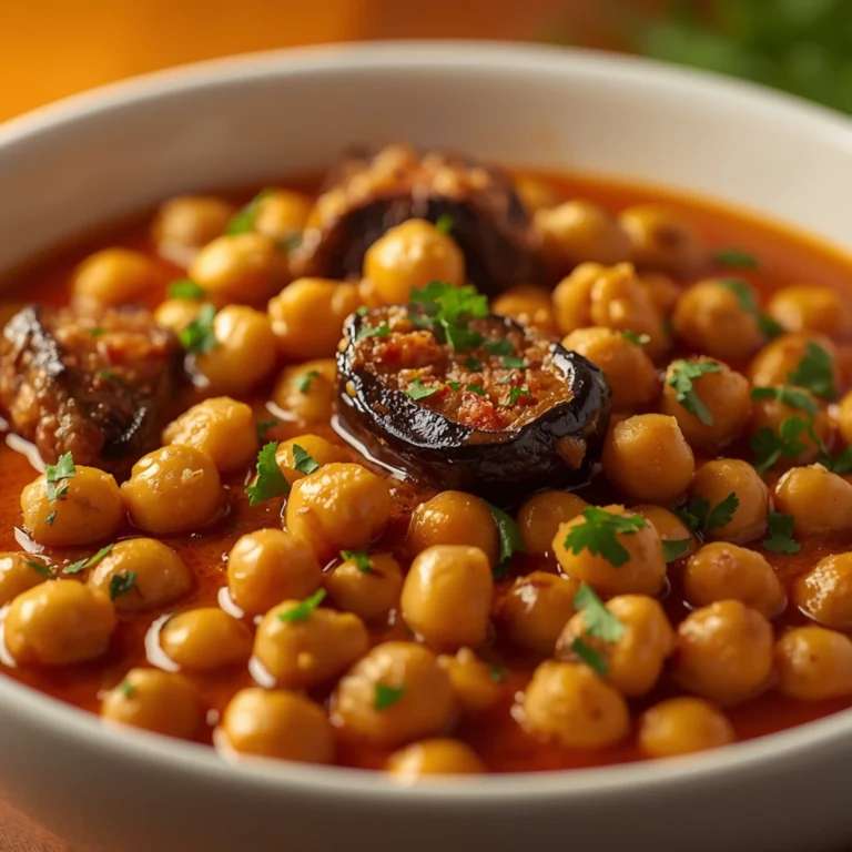 Close-up of Mediterranean Chickpea & Aubergine Stew cooked in a Crockpot with fresh herbs and glossy sauce