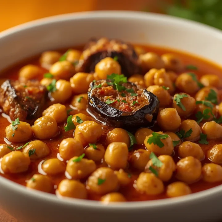 Close-up of Mediterranean Chickpea & Aubergine Stew cooked in a Crockpot with fresh herbs and glossy sauce