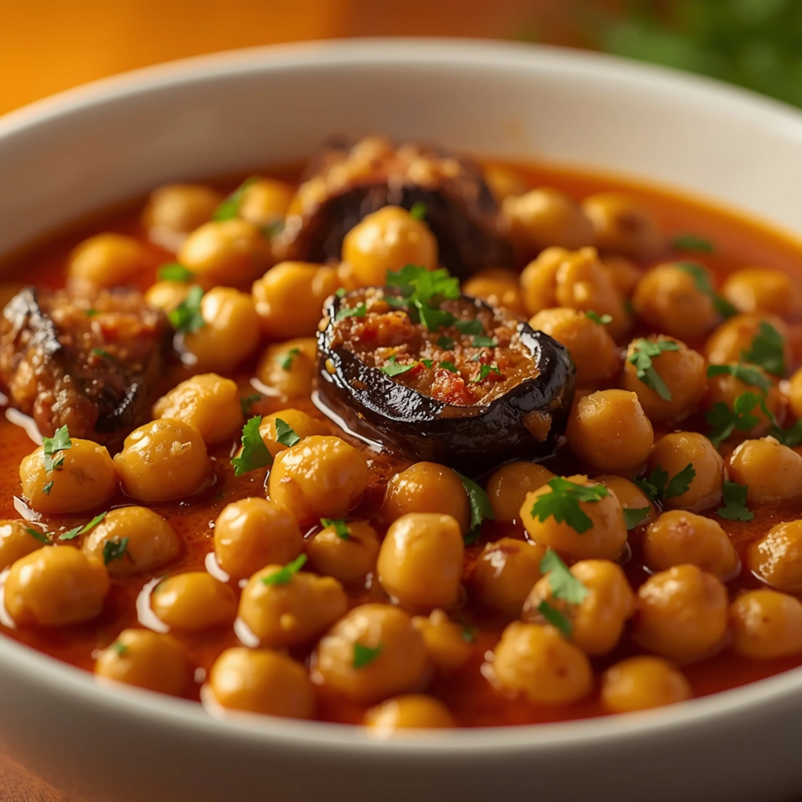 Close-up of Mediterranean Chickpea & Aubergine Stew cooked in a Crockpot with fresh herbs and glossy sauce