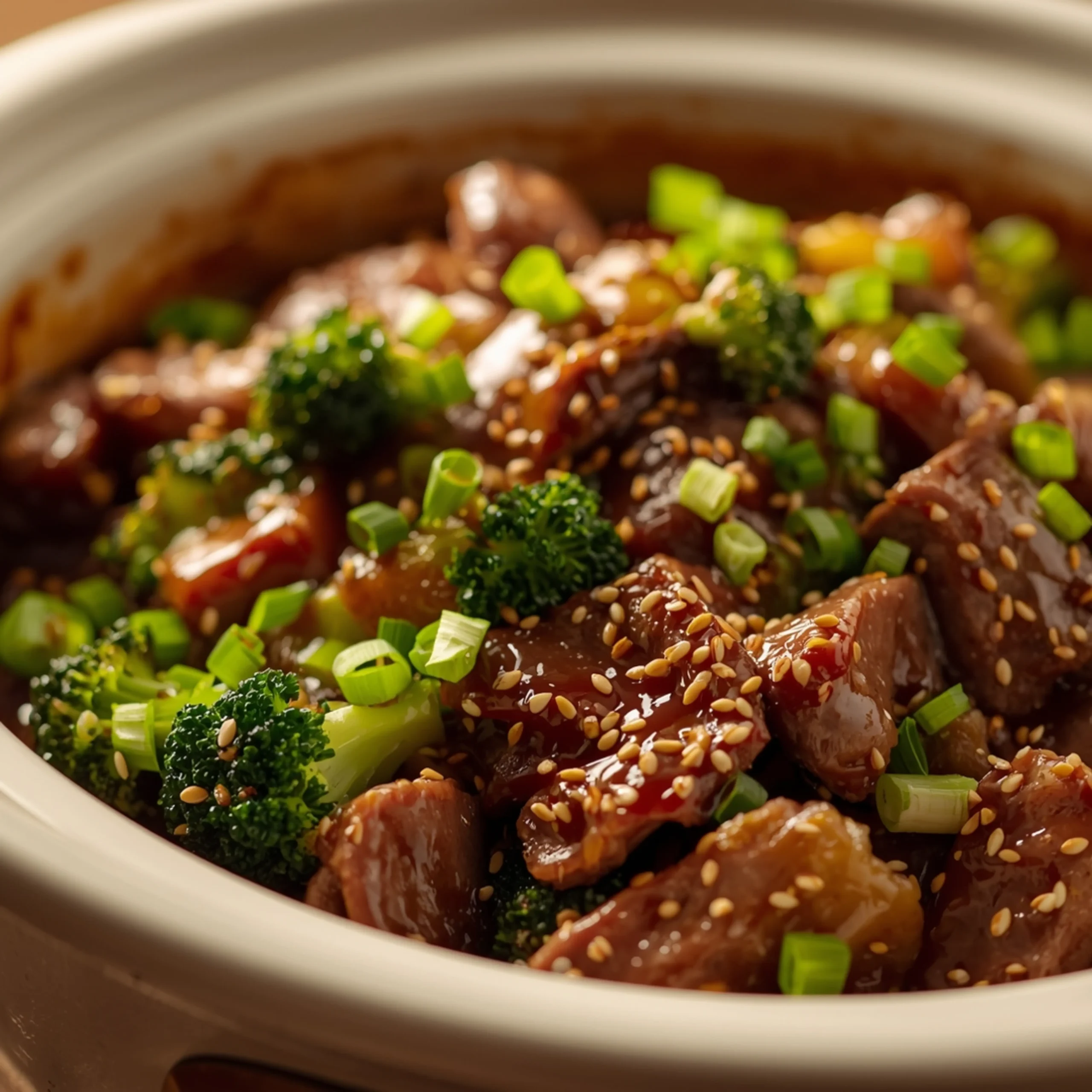 Close-up of Mouthwatering Crock Pot Beef And Broccoli cooked in a Crockpot with fresh herbs and glossy sauce