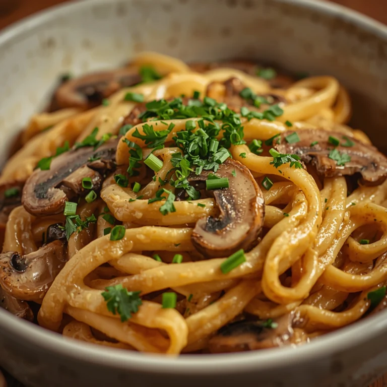 Close-up of ne-Pot Creamy Mushroom Pasta with fresh herbs and glossy sauce