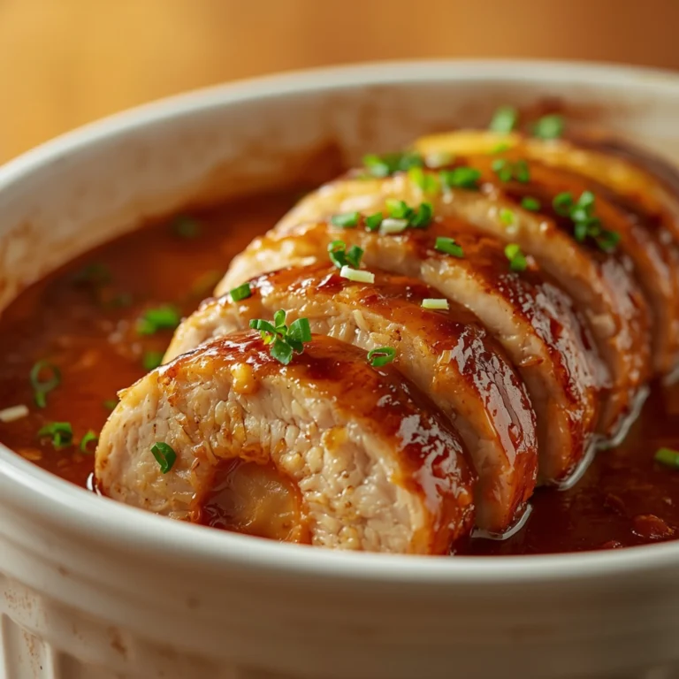 Close-up of Pineapple and Brown Sugar Baked Pork Tenderloin cooked in a Crockpot with fresh herbs and glossy sauce