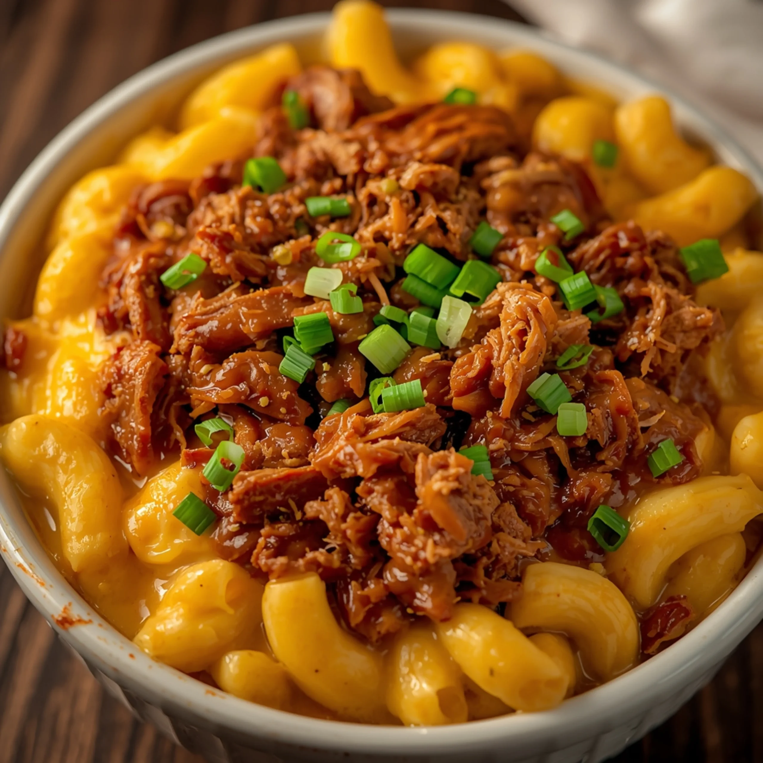 Close-up of Pulled Pork Mac and Cheese cooked in a Crockpot with fresh herbs and glossy sauce