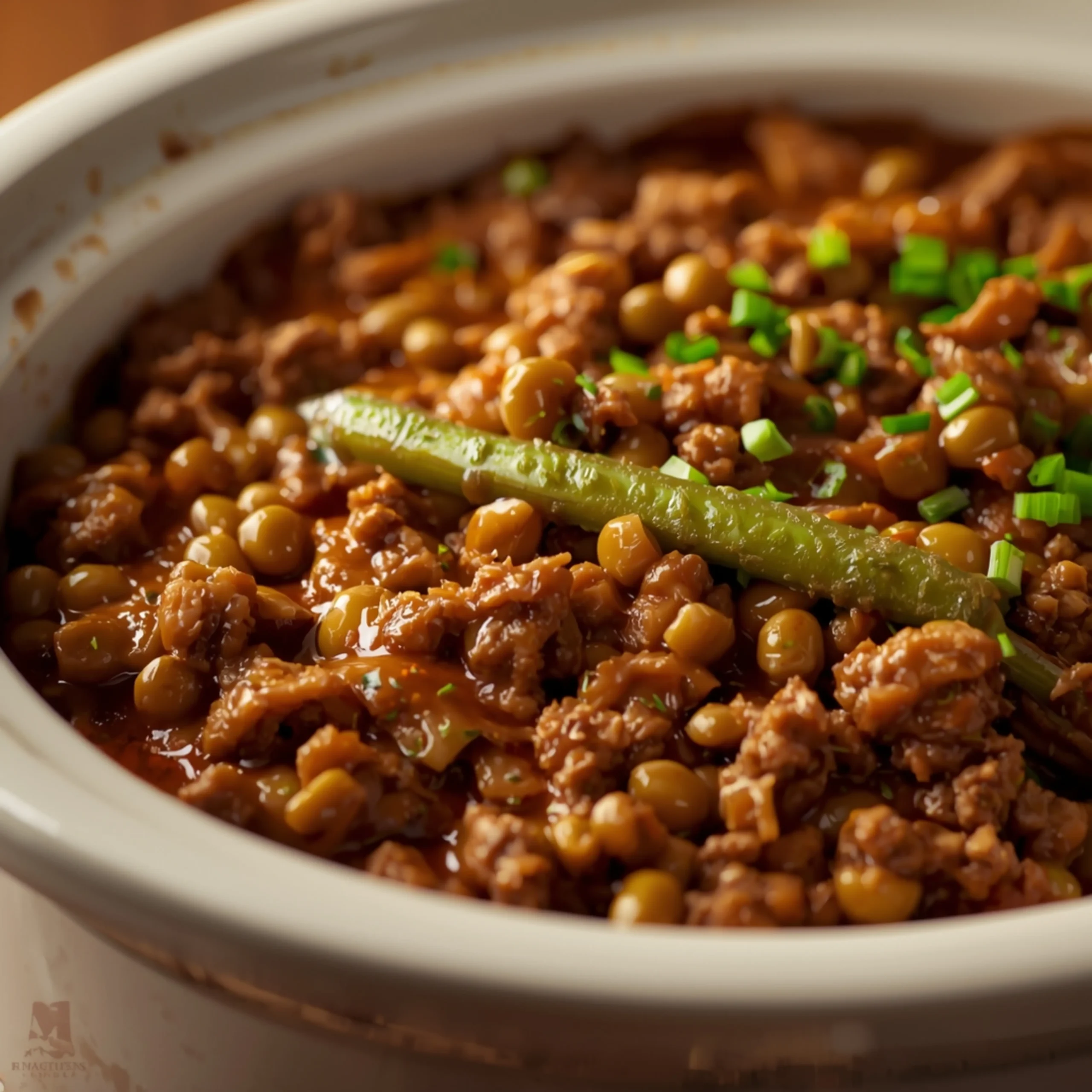 Close-up of Quick Ground Beef Casserole with Green Beans cooked in a Crockpot with fresh herbs and glossy sauce