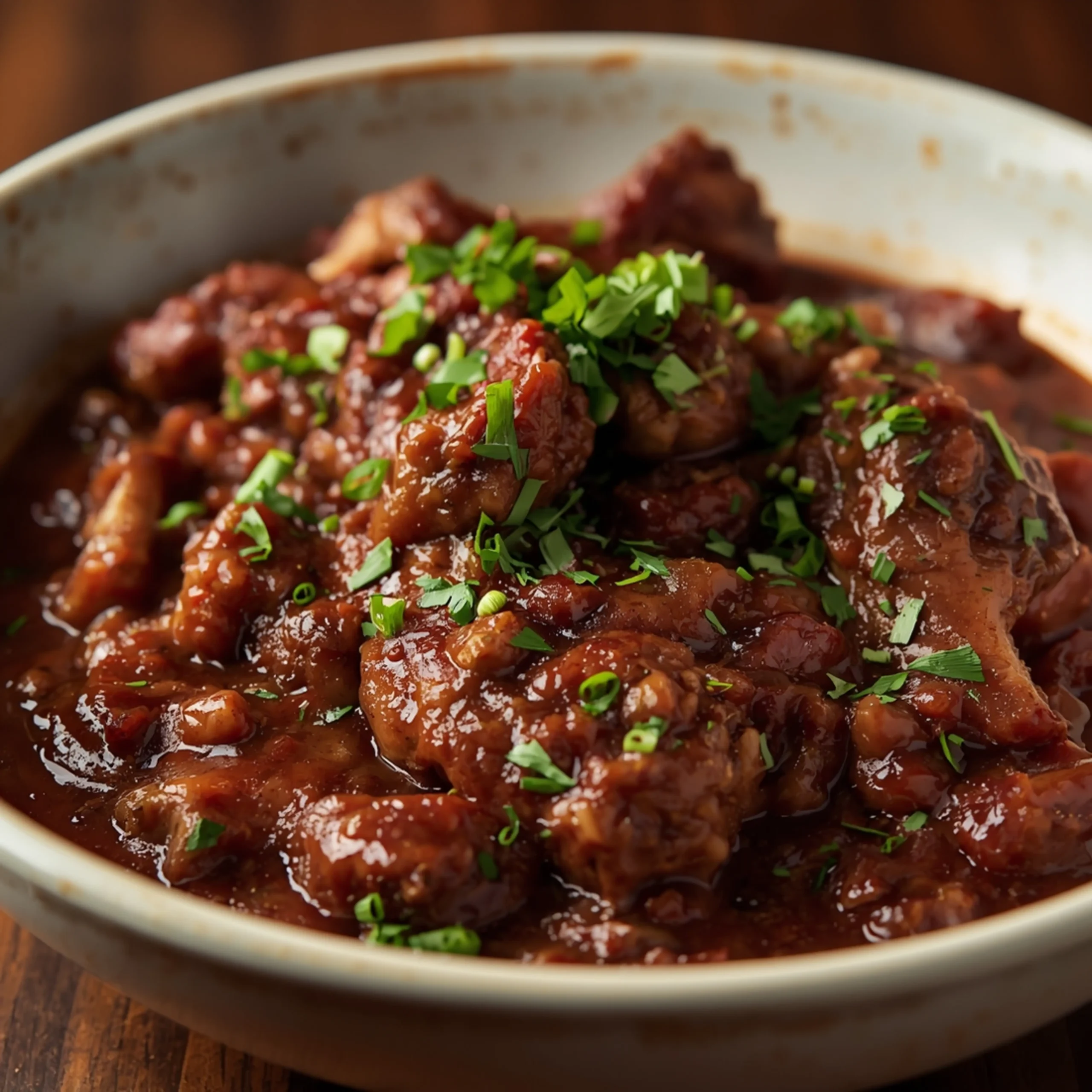 Close-up of Red Wine Braised Short Rib Ragu with fresh herbs and glossy sauce