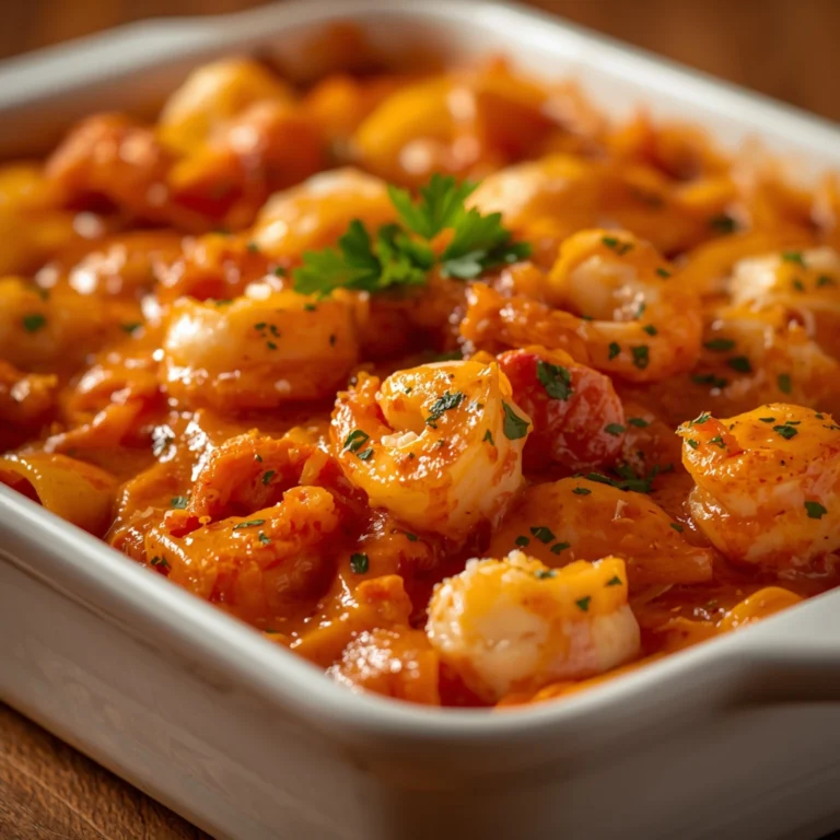 Close-up of Seafood Lasagna with Lobster and Shrimp with fresh herbs and glossy sauce
