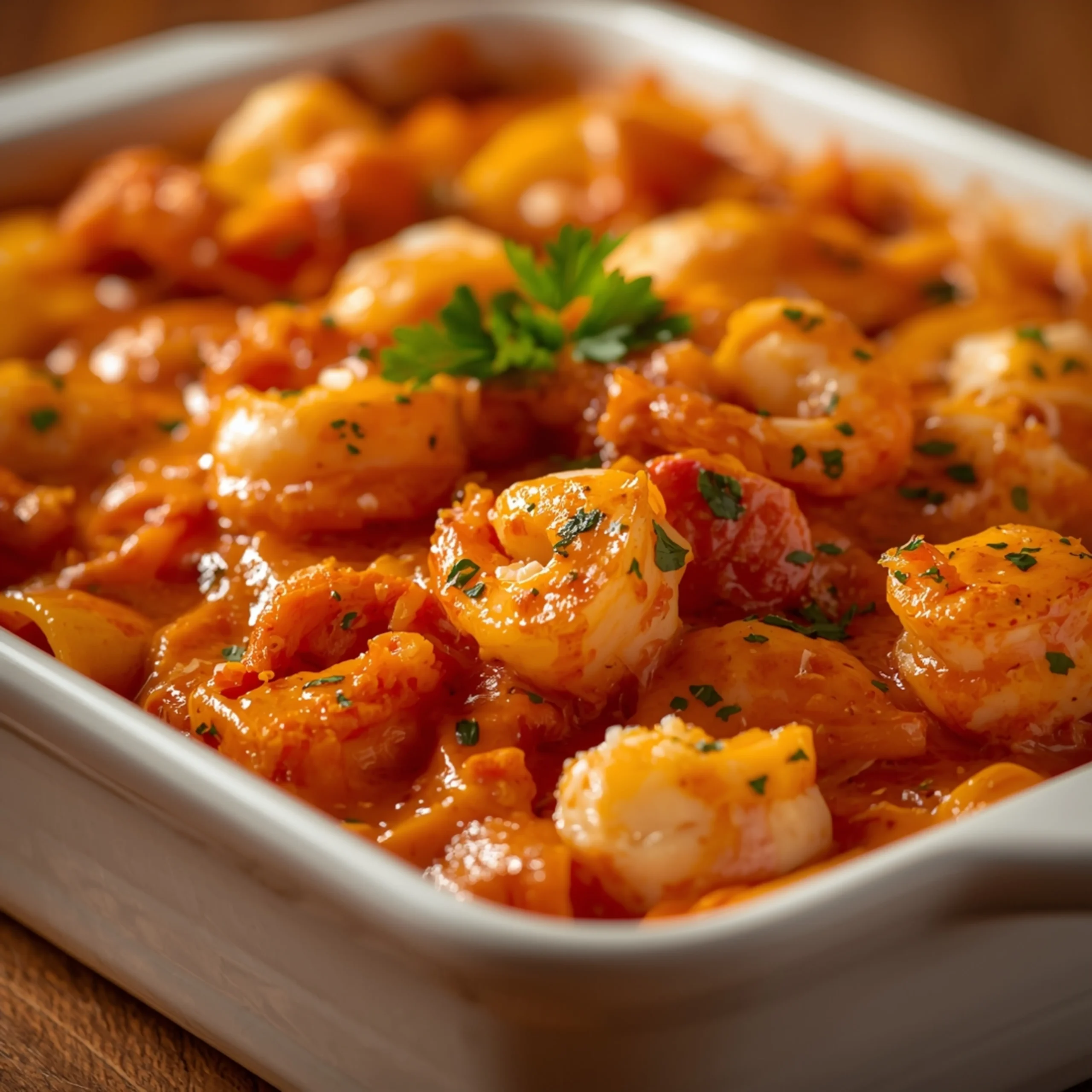 Close-up of Seafood Lasagna with Lobster and Shrimp with fresh herbs and glossy sauce