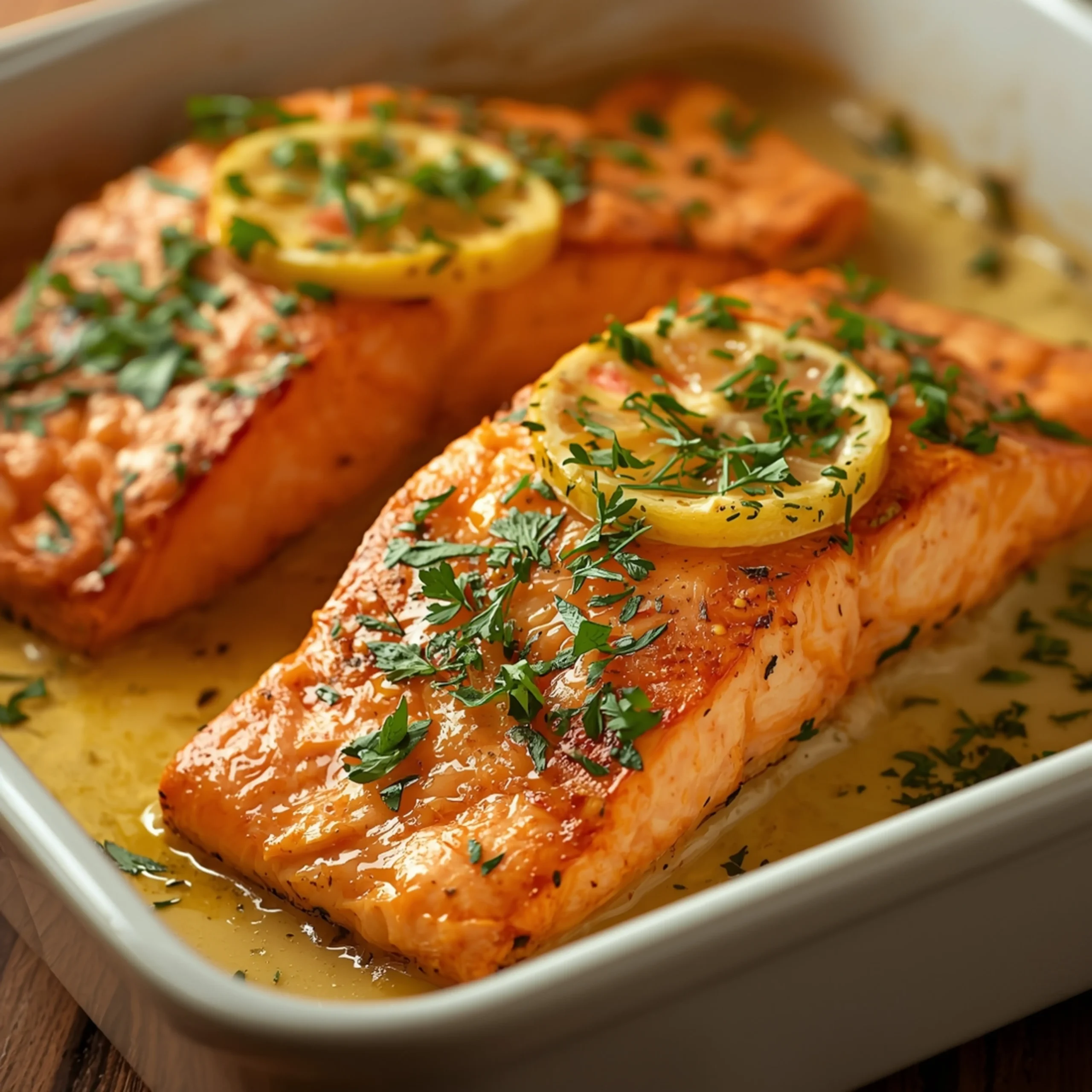 Close-up of Sheet Pan Lemon Garlic Salmon with fresh herbs and glossy sauce