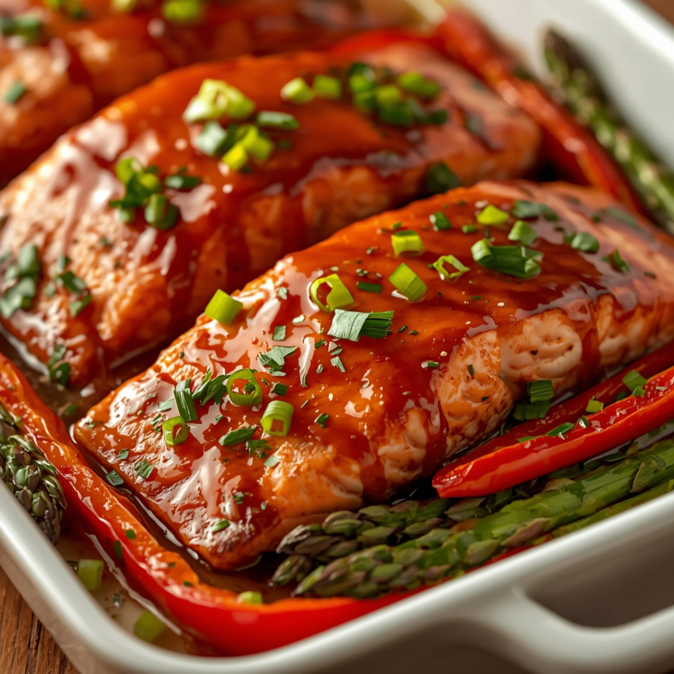 Close-up of Sheet-Pan Miso-Maple Salmon with fresh herbs and glossy sauce