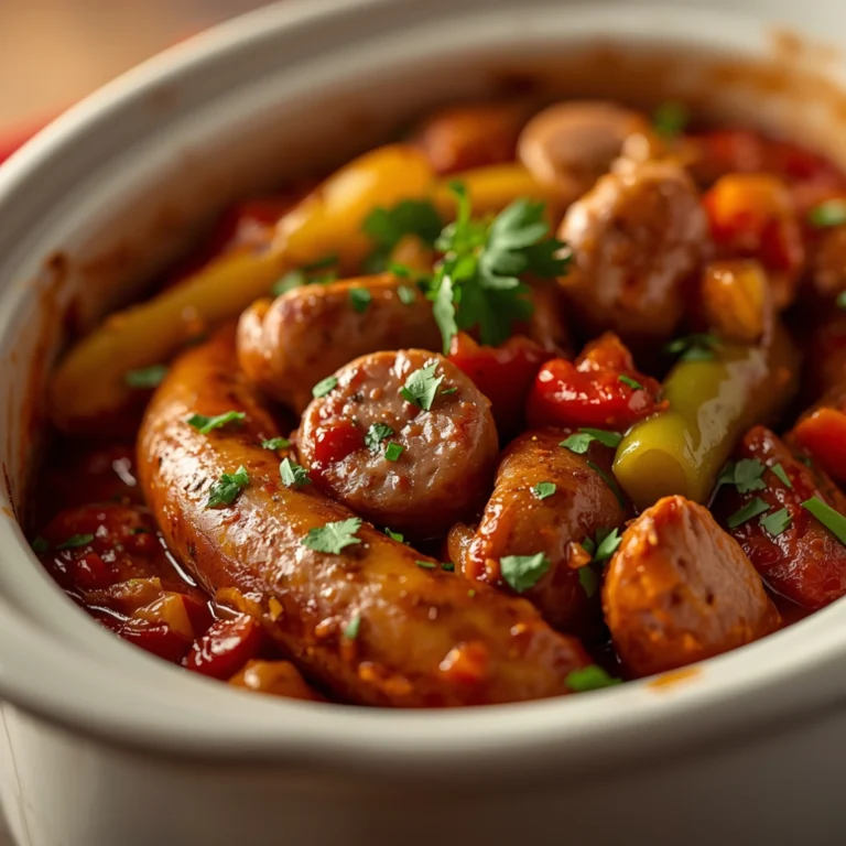 Close-up of Slow Cook Sausage and Peppers with Sauce cooked in a Crockpot with fresh herbs and glossy sauce