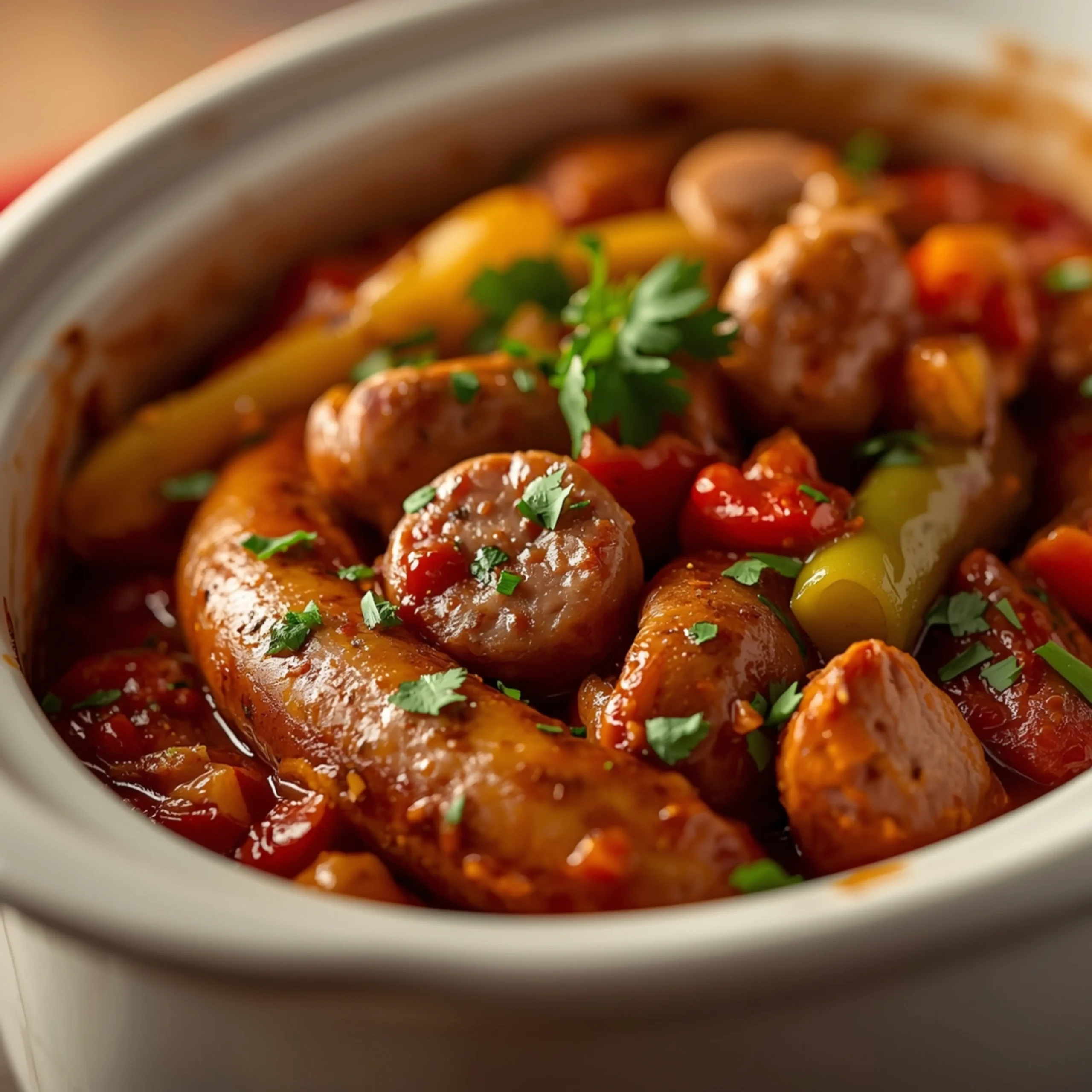 Close-up of Slow Cook Sausage and Peppers with Sauce cooked in a Crockpot with fresh herbs and glossy sauce