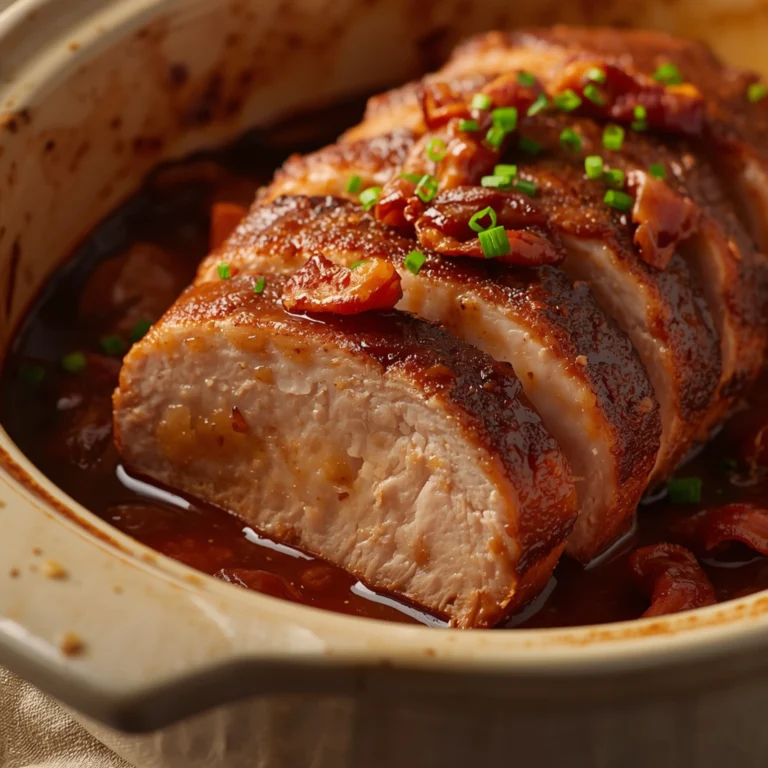 Close-up of Slow cooker bacon brown sugar pork tenderloin cooked in a Crockpot with fresh herbs and glossy sauce