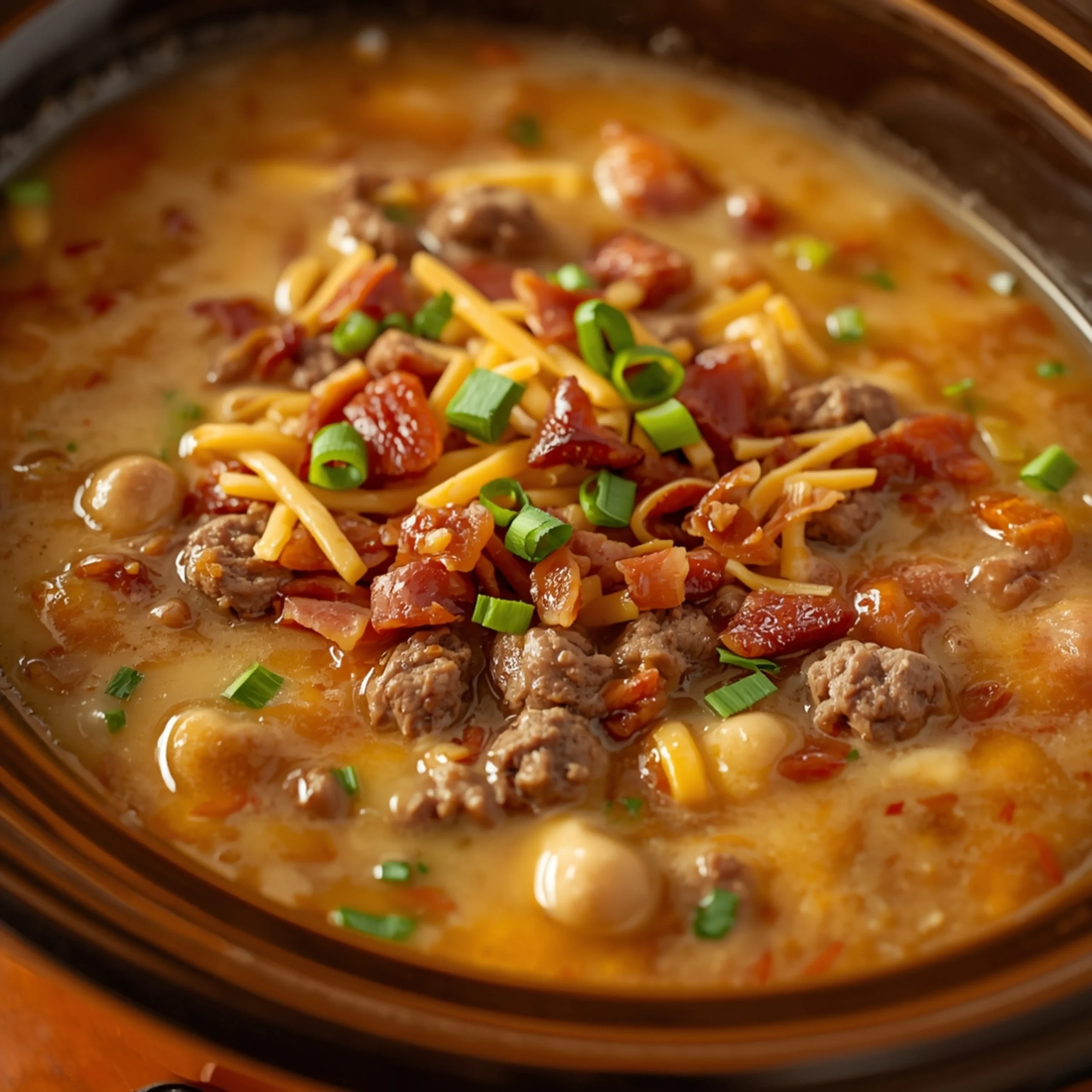 Close-up of Slow Cooker Bacon Cheeseburger Soup cooked in a Crockpot with fresh herbs and glossy sauce