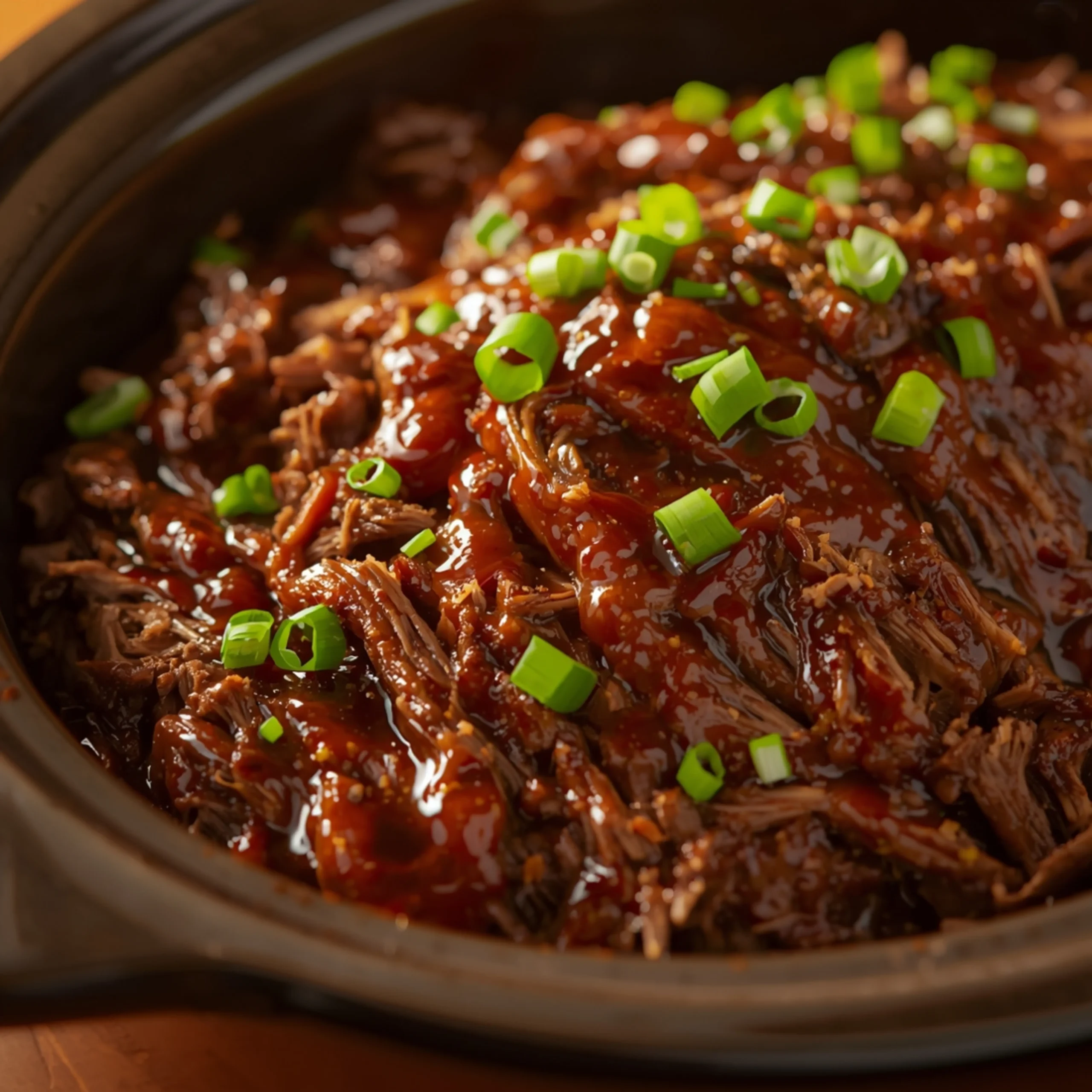 Close-up of Slow Cooker BBQ Beef Brisket cooked in a Crockpot with fresh herbs and glossy sauce