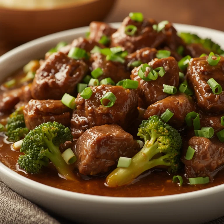 Close-up of Slow Cooker Beef & Broccoli cooked in a Crockpot with fresh herbs and glossy sauce