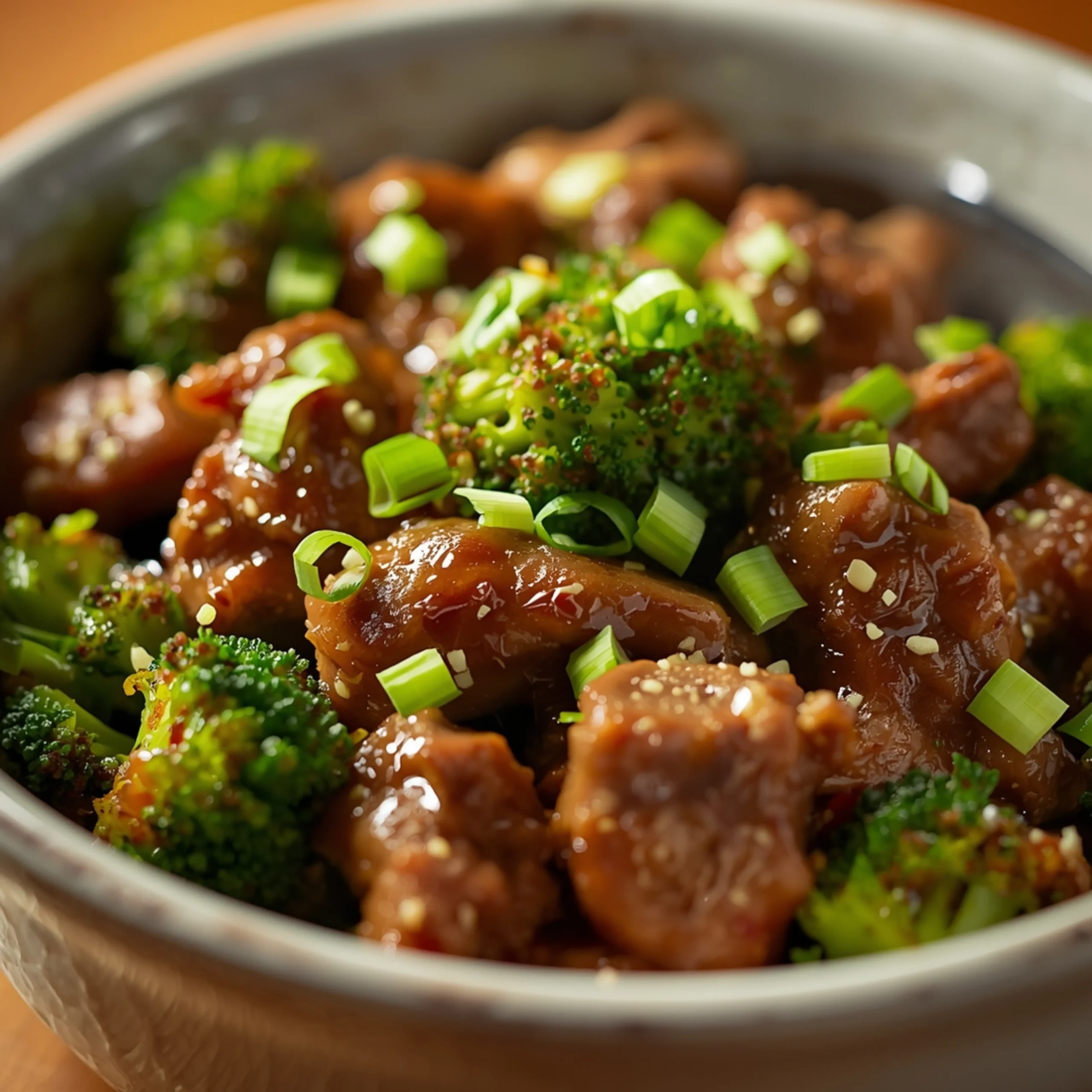 Close-up of Slow Cooker Beef & Broccoli cooked in a Crockpot with fresh herbs and glossy sauce