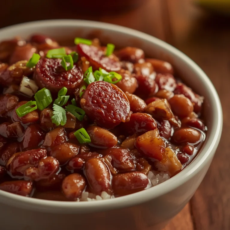 Close-up of Slow Cooker Cajun Red Beans and Rice cooked in a Crockpot with fresh herbs and glossy sauce