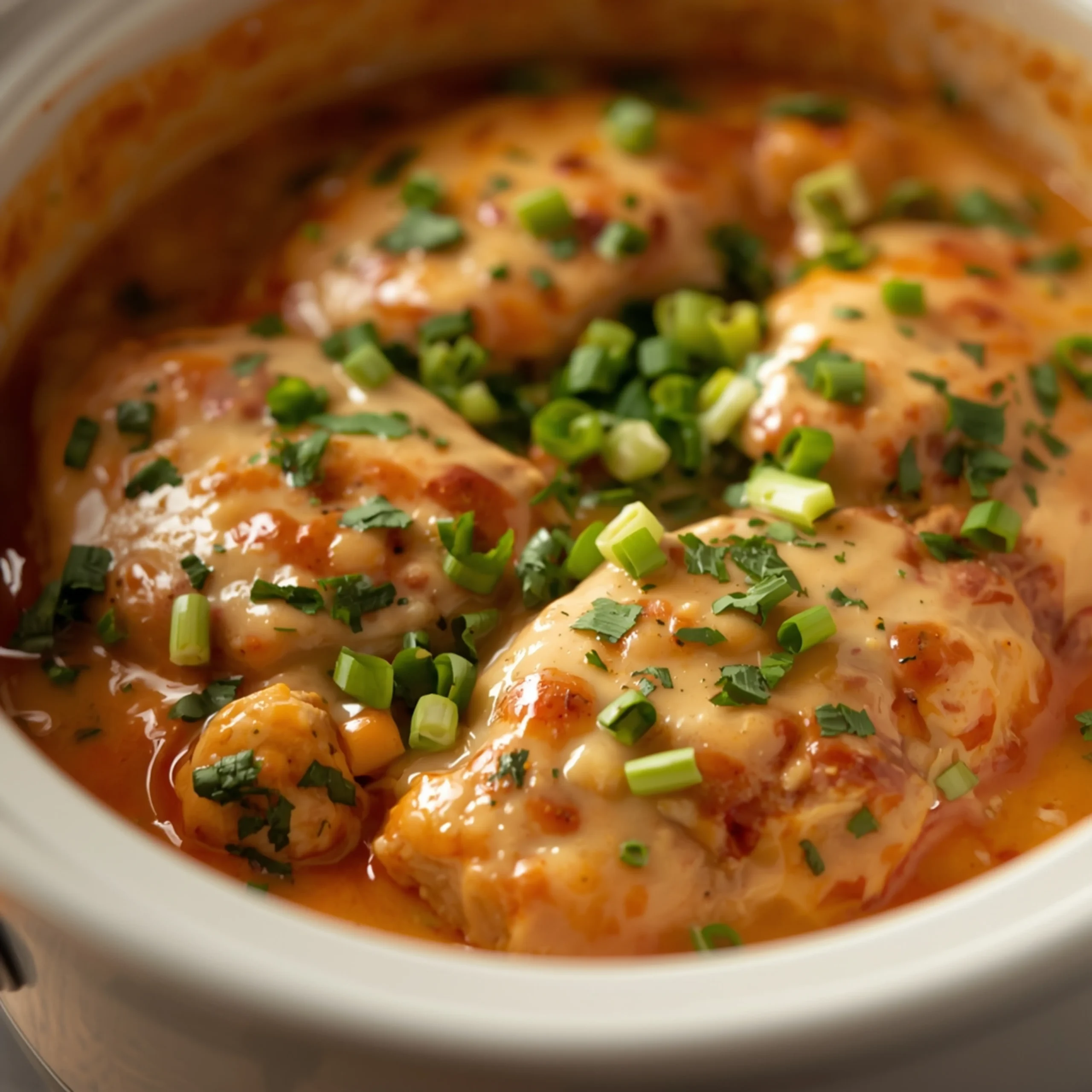 Close-up of Slow cooker cheesy mozzarella chicken cooked in a Crockpot with fresh herbs and glossy sauce