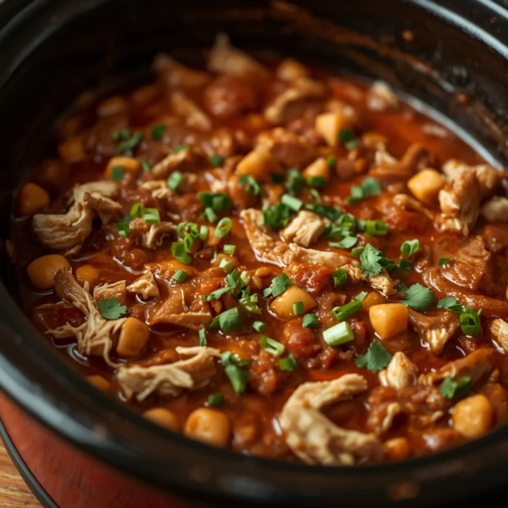 Close-up of Slow Cooker Chicken Taco Fillin cooked in a crockpot, topped with fresh green herbs and rich, glossy sauce on a wooden table.