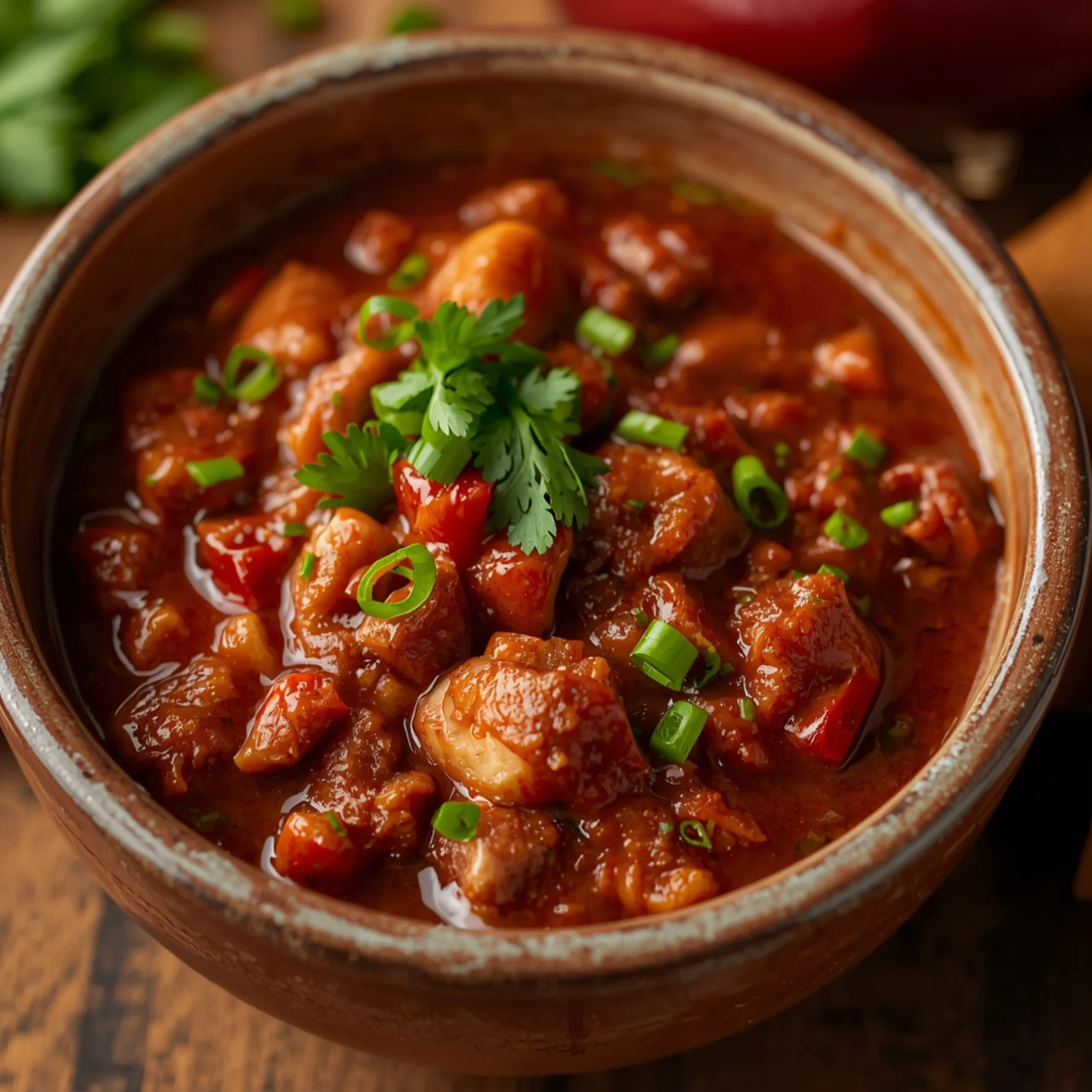 Tight close-up of a bowl of slow cooker chili, garnished with fresh green herbs, showcasing tender meat and thick sauce on a wooden table.