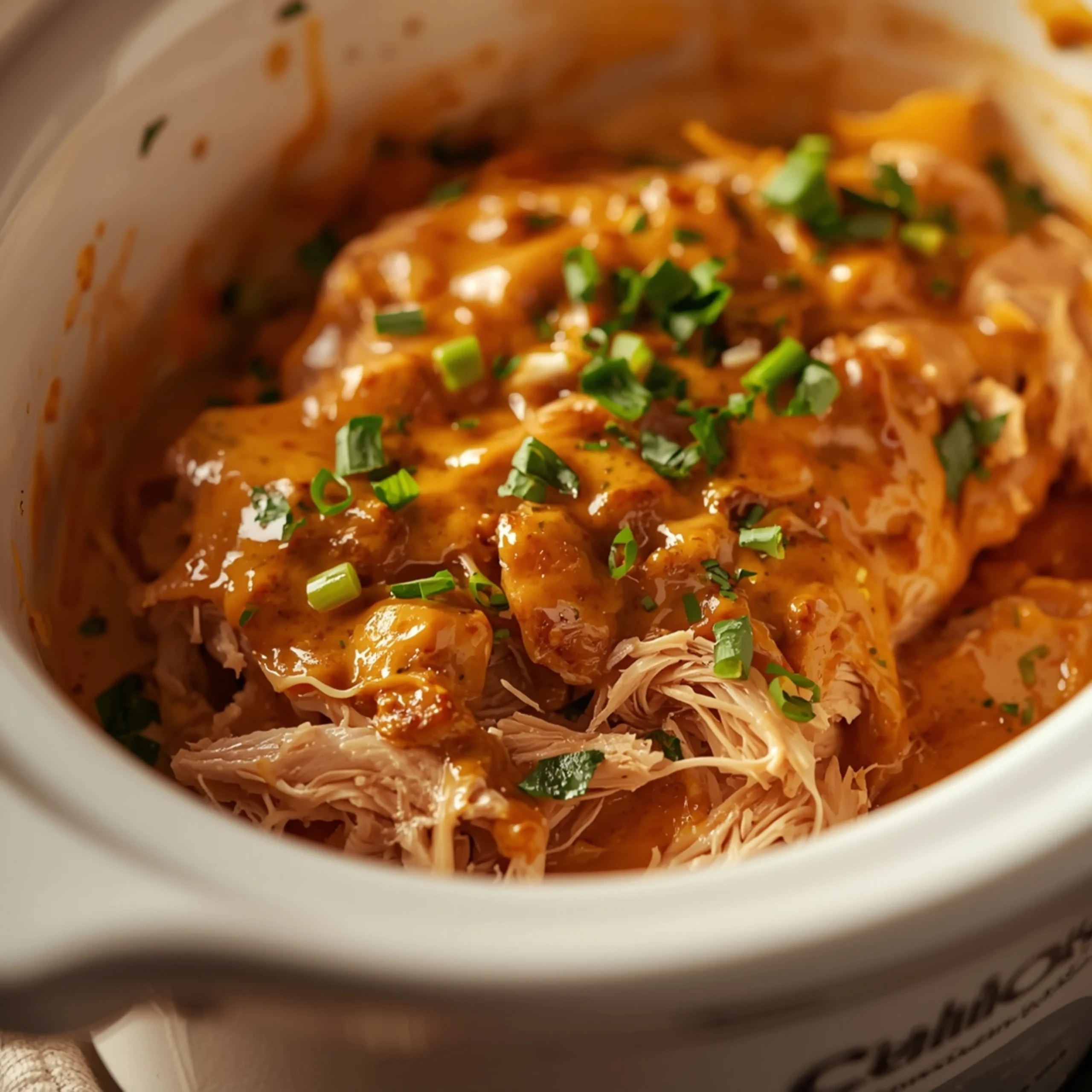 Close-up of Slow Cooker Crack Chicken cooked in a Crockpot with fresh herbs and glossy sauce