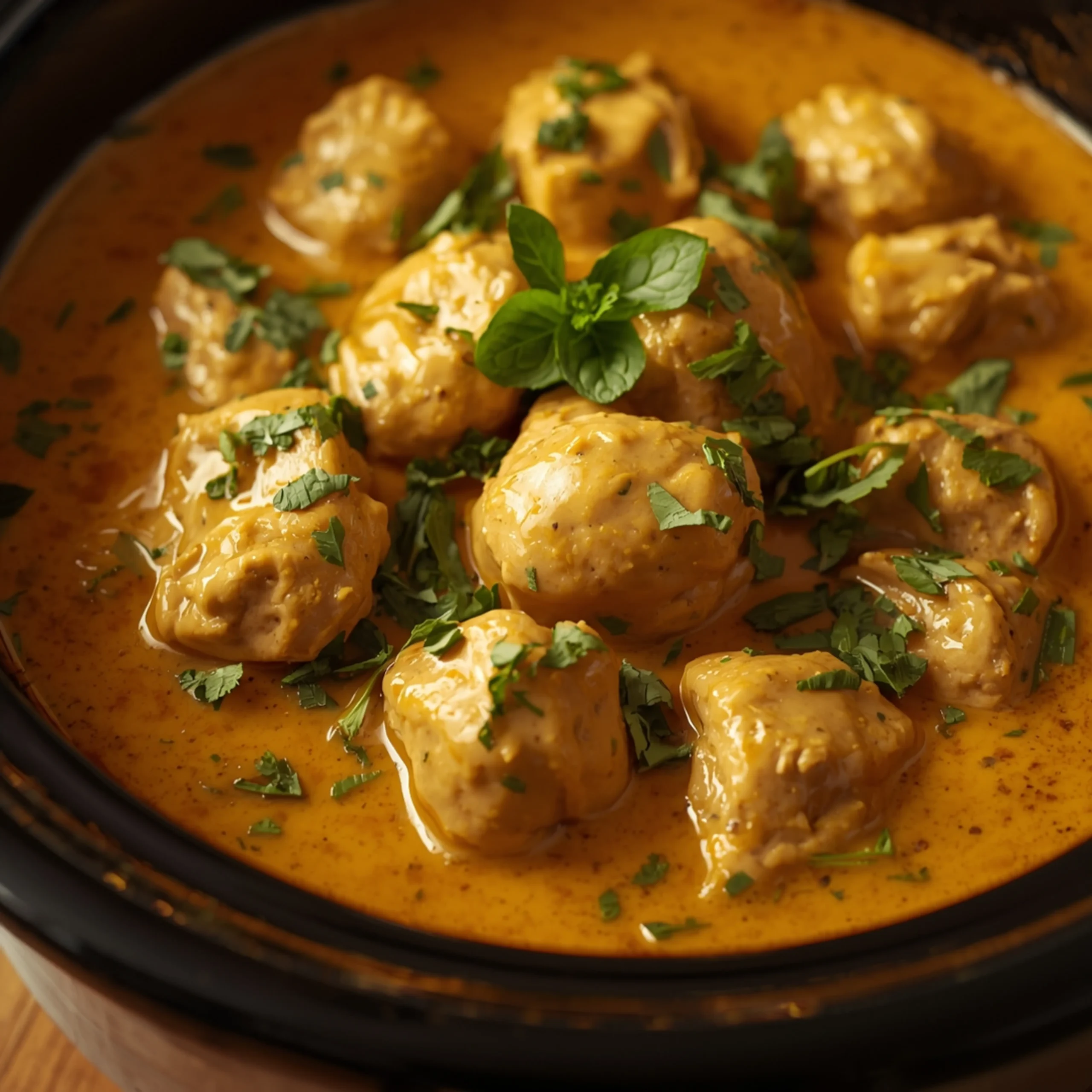 Close-up of Slow-Cooker Creamy Chicken & Mint Curry cooked in a Crockpot with fresh herbs and glossy sauce