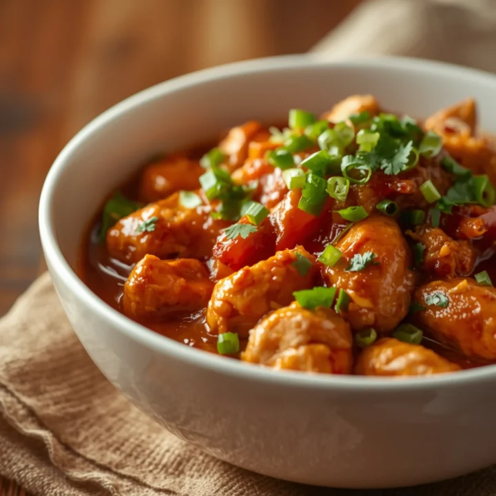 Close-up of Slow Cooker (Crockpot) Chicken Burrito Bowl cooked in a Crockpot with fresh herbs and glossy sauce