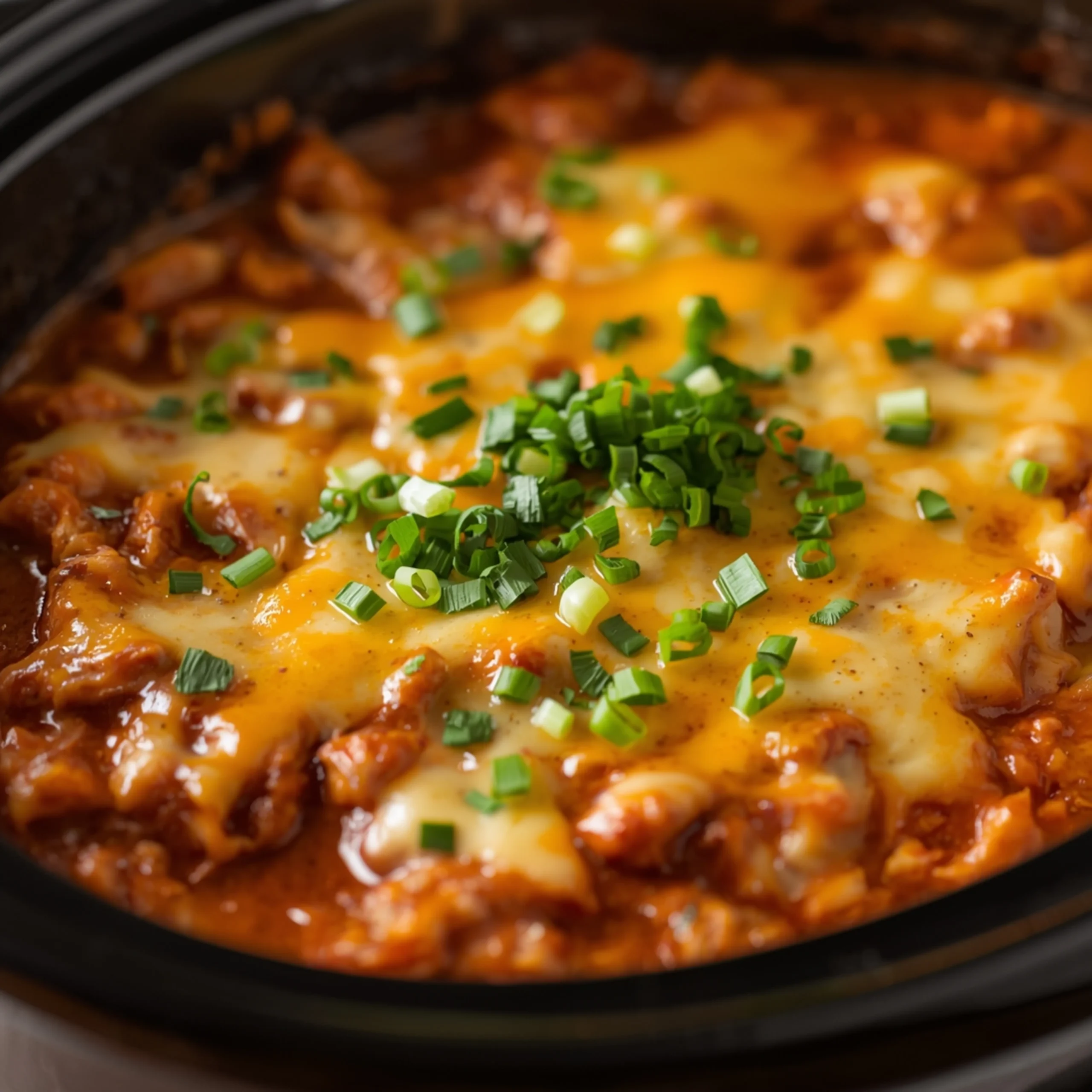 Close-up of Slow Cooker "Enchilada Casserole" cooked in a Crockpot with fresh herbs and glossy sauce