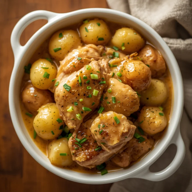 Close-up of Slow Cooker Garlic Parmesan Chicken & Potatoes with fresh herbs and glossy sauce