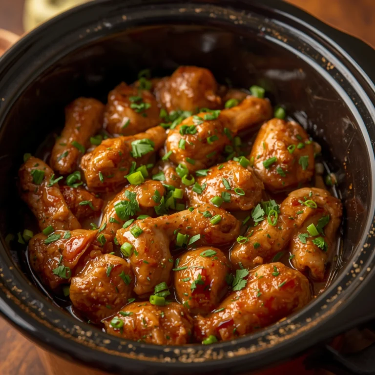 Close-up of Slow Cooker Honey Garlic Chicken cooked in a rustic crockpot, topped with fresh green herbs and rich, glistening honey garlic sauce.