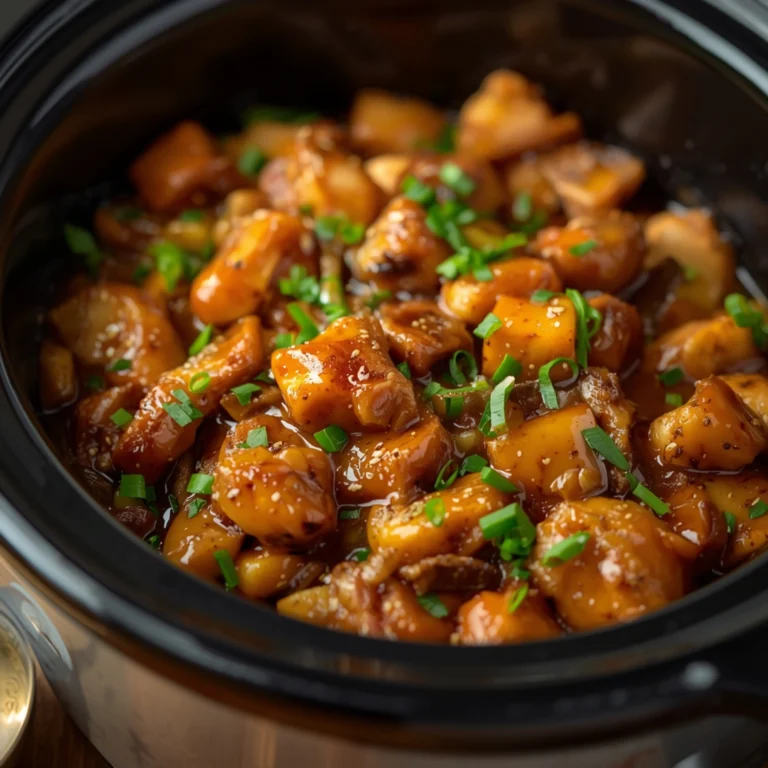 Close-up of SLOW COOKER HONEY GARLIC CHICKEN AND VEGGIES cooked in a Crockpot with fresh herbs and glossy sauce