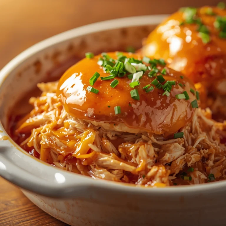 Close-up of Slow Cooker Hot Honey Chicken Sandwiches cooked in a Crockpot with fresh herbs and glossy sauce