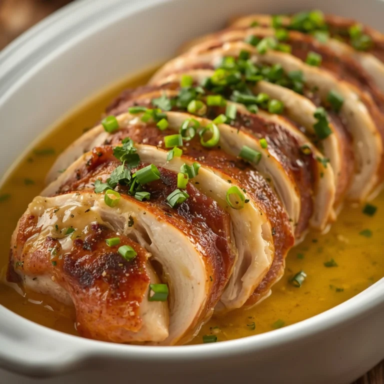 Close-up of Slow Cooker Lemon Herb Turkey Breast with fresh herbs and glossy sauce