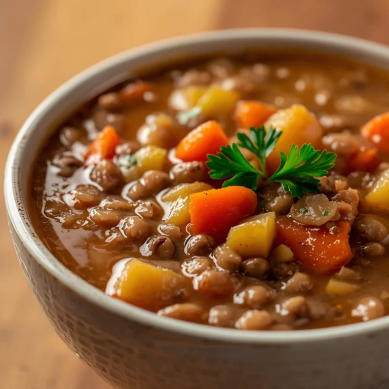 Close-up of Slow-Cooker Lentil & Root Veggie Soup cooked in a Crockpot with fresh herbs and glossy sauce