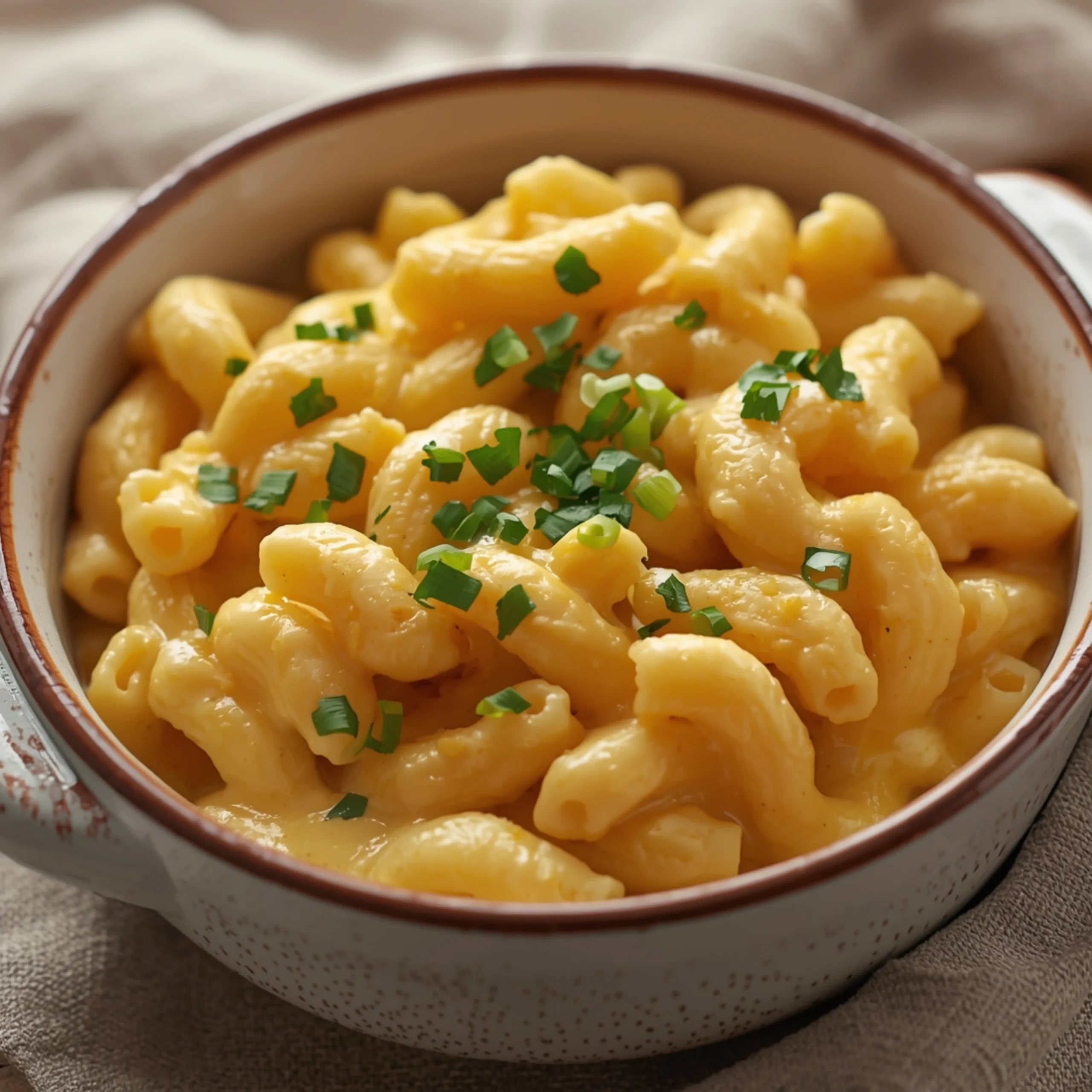 Close-up of creamy Slow Cooker Mac and Cheese, garnished with fresh green herbs, served in a rustic bowl on a wooden table.