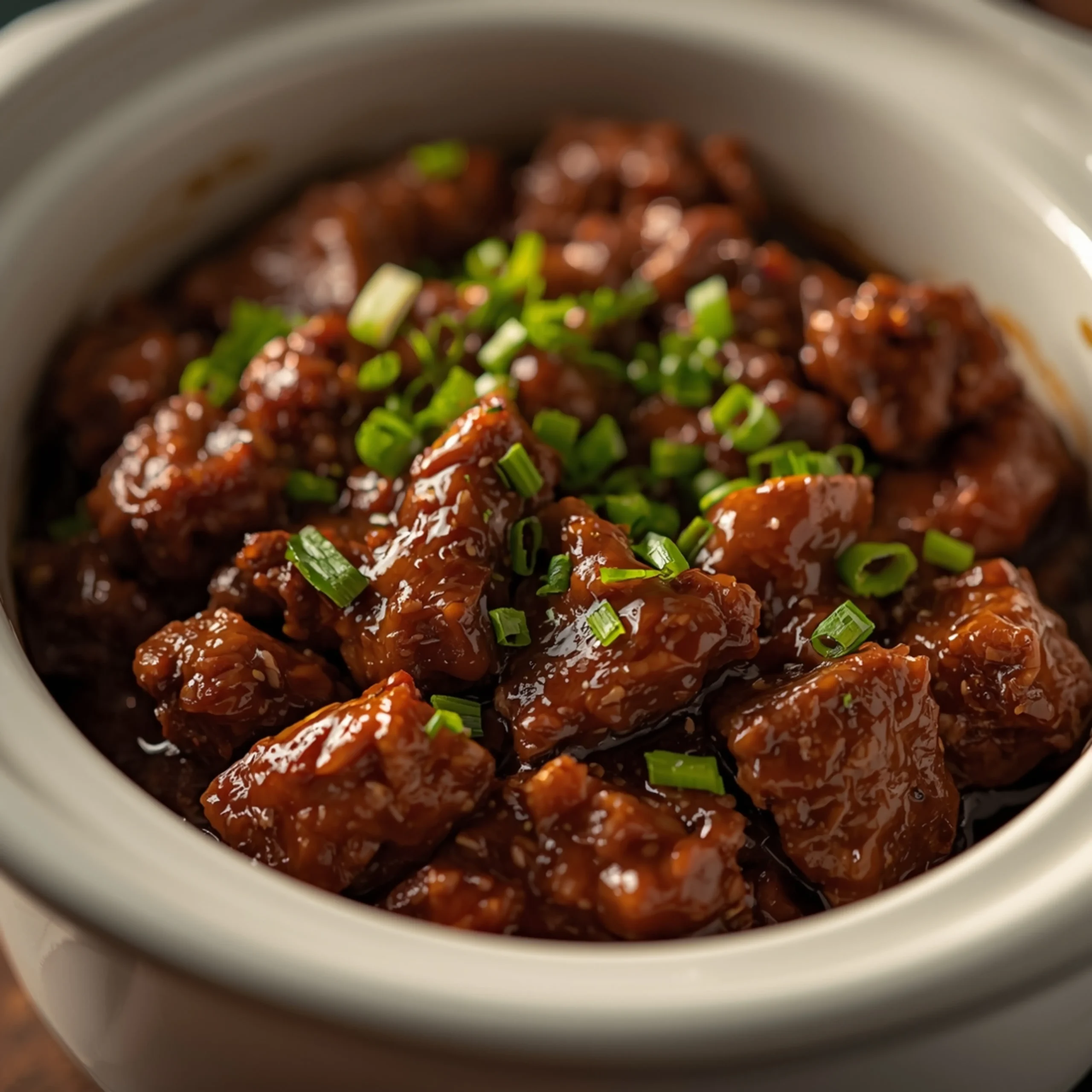 Close-up of Slow Cooker Mongolian Beef cooked in a Crockpot with fresh herbs and glossy sauce