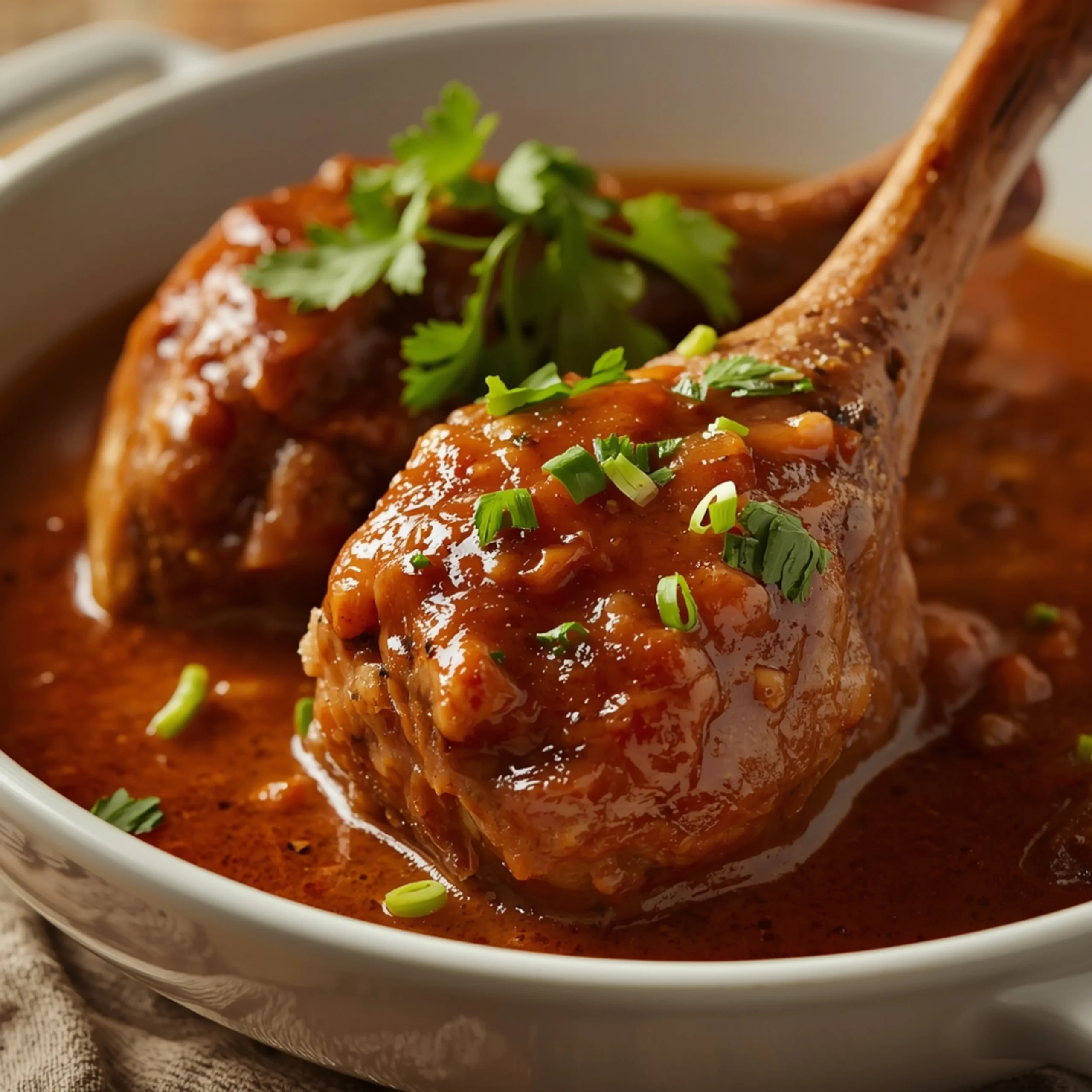 Close-up of Slow Cooker Osso Buco cooked in a Crockpot with fresh herbs and glossy sauce
