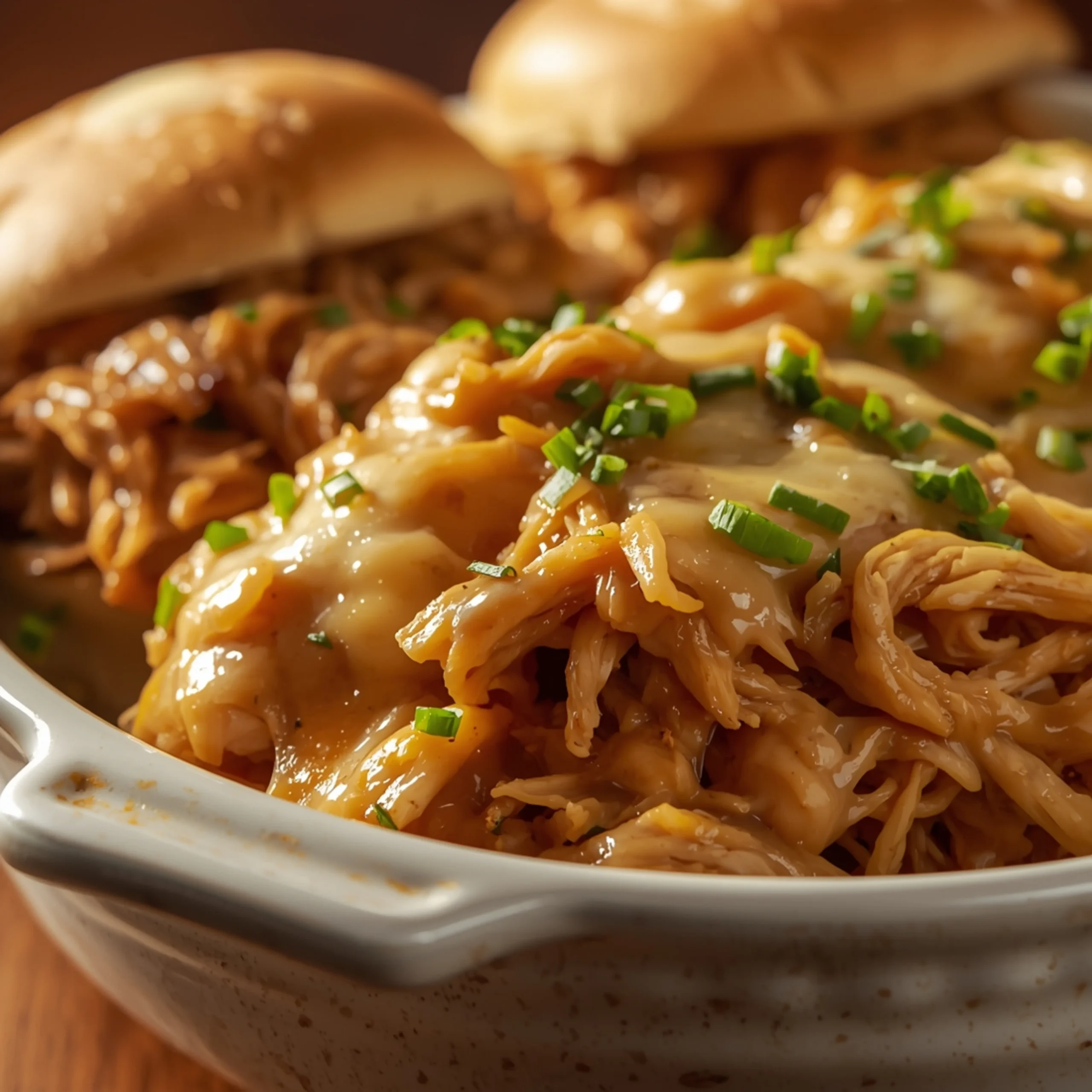 Close-up of Slow Cooker Parmesan Garlic Chicken Sandwiches cooked in a Crockpot with fresh herbs and glossy sauce