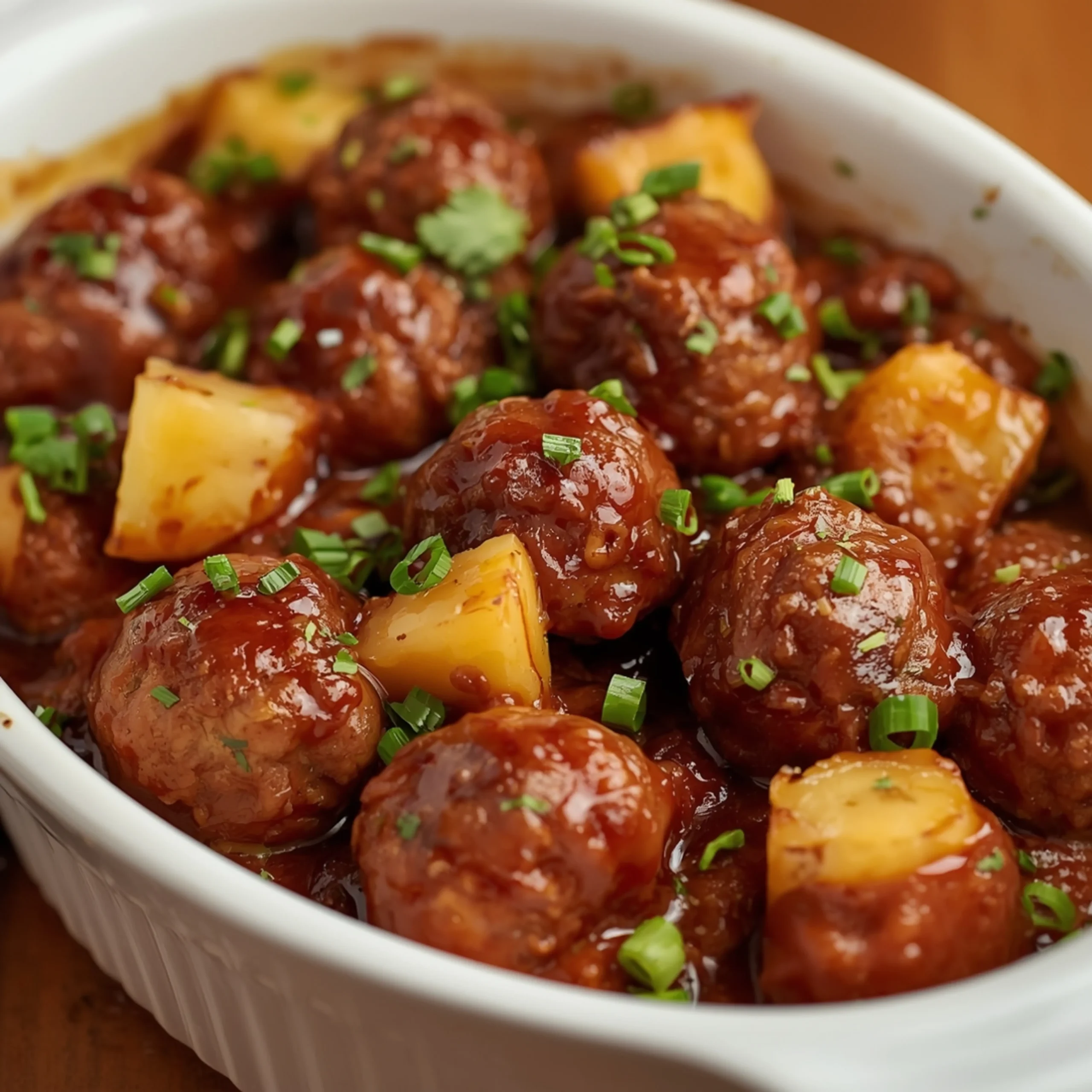 Close-up of Slow Cooker Pineapple Barbecue Meatballs cooked in a Crockpot with fresh herbs and glossy sauce