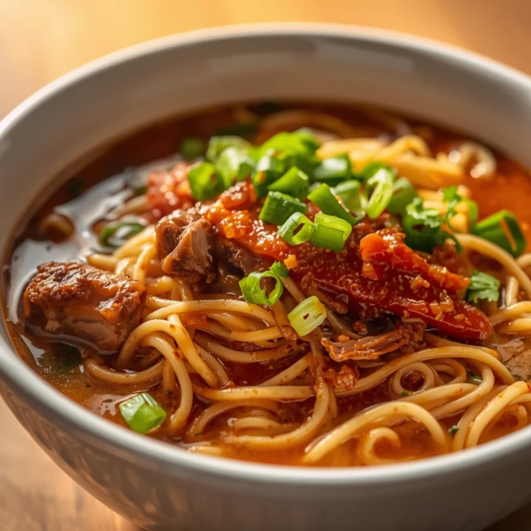 Close-up of Slow Cooker Ramen with Crispy Chili Oil cooked in a Crockpot with fresh herbs and glossy sauce