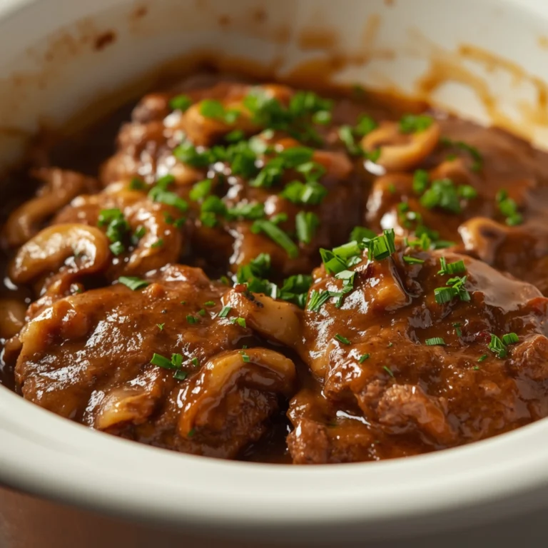 Close-up of Slow Cooker Salisbury Steak cooked in a Crockpot with fresh herbs and glossy sauce